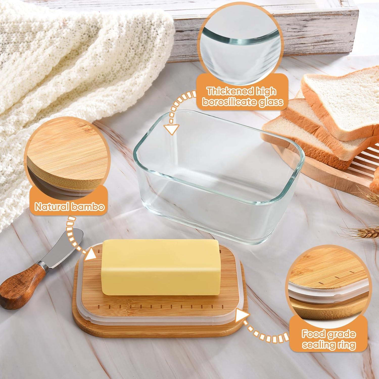 Plato de Mantequilla de Vidrio Hekeieon con Tapa de Bambú 0.76 kg