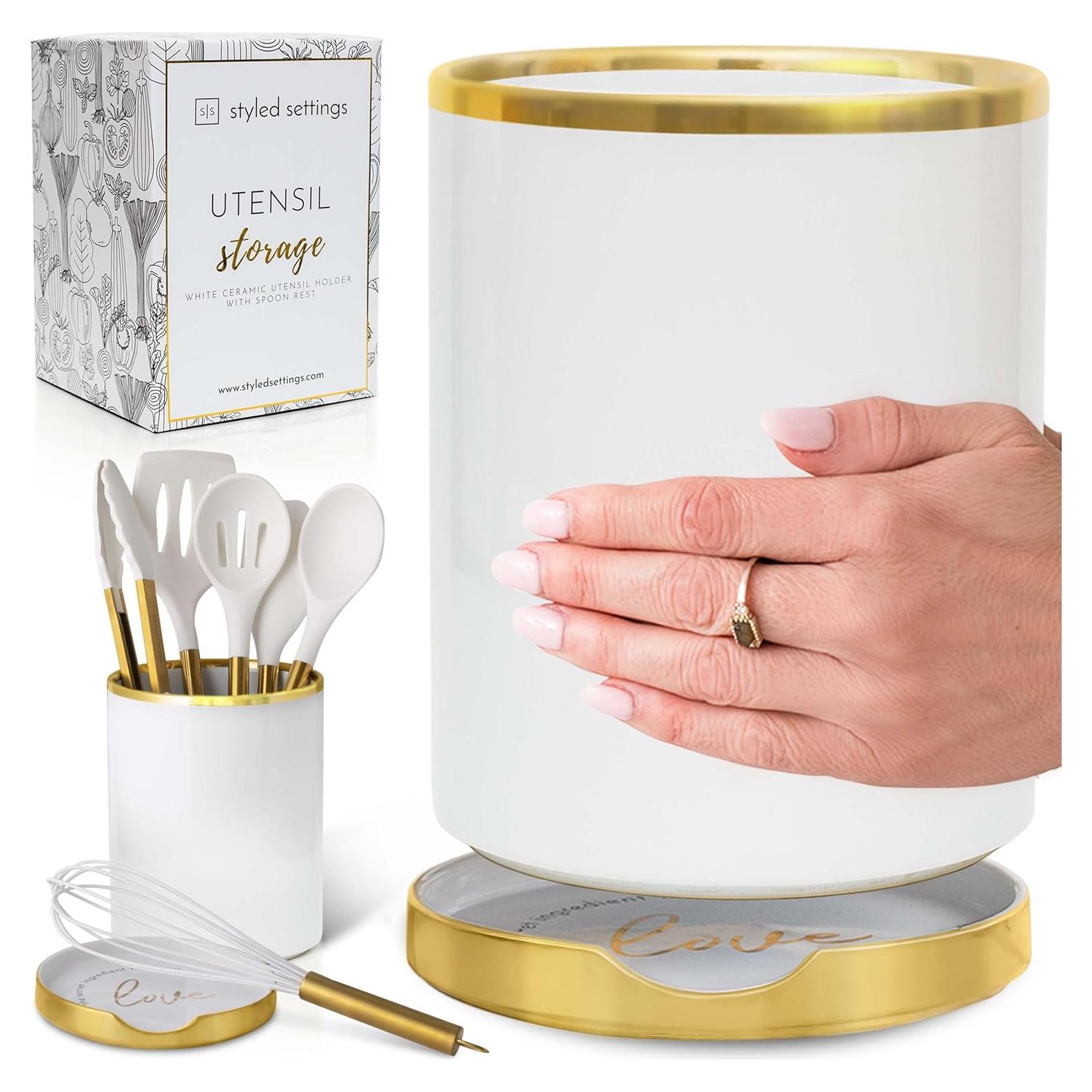 Soporte de Utensilios de Cocina Blanco y Dorado - 2 Piezas