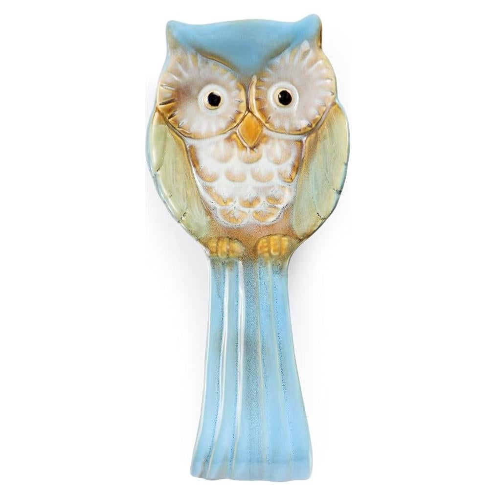 Soporte para cuchara de cerámica en forma de búho azul 24.4 cm