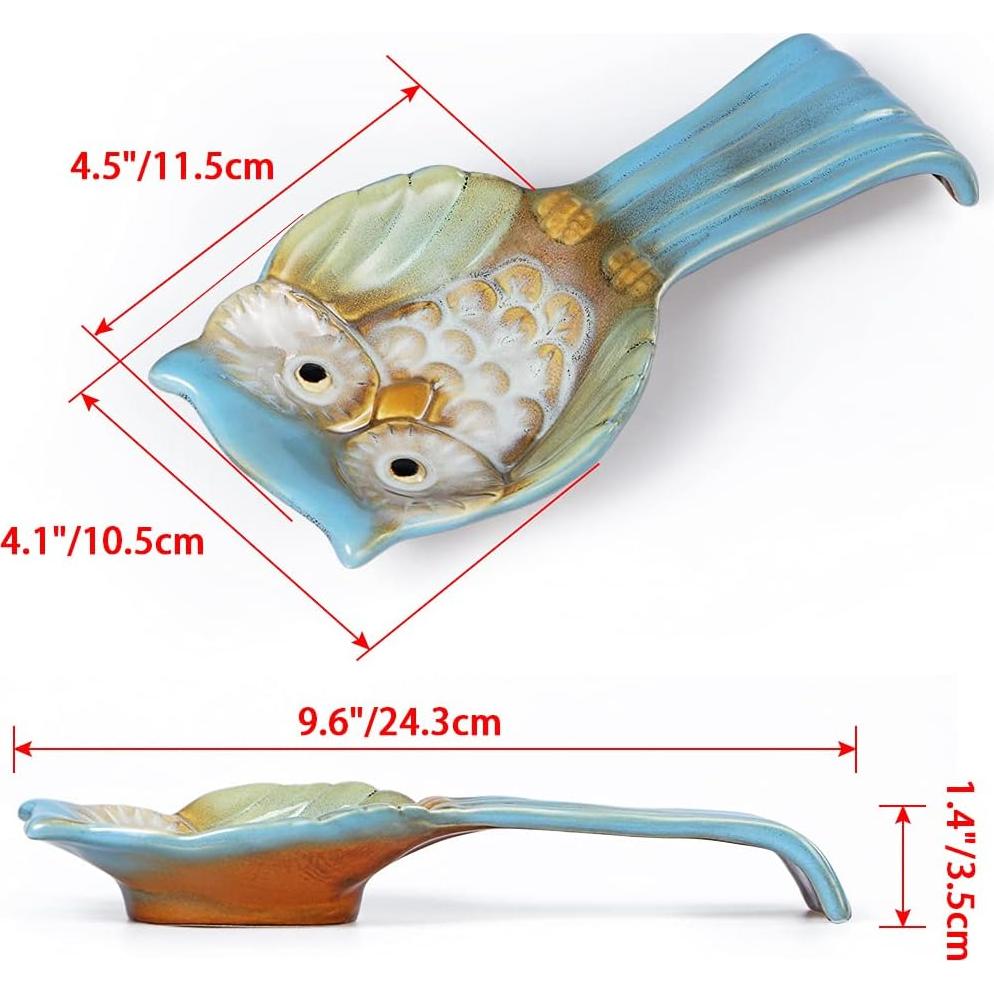 Soporte para cuchara de cerámica en forma de búho azul 24.4 cm