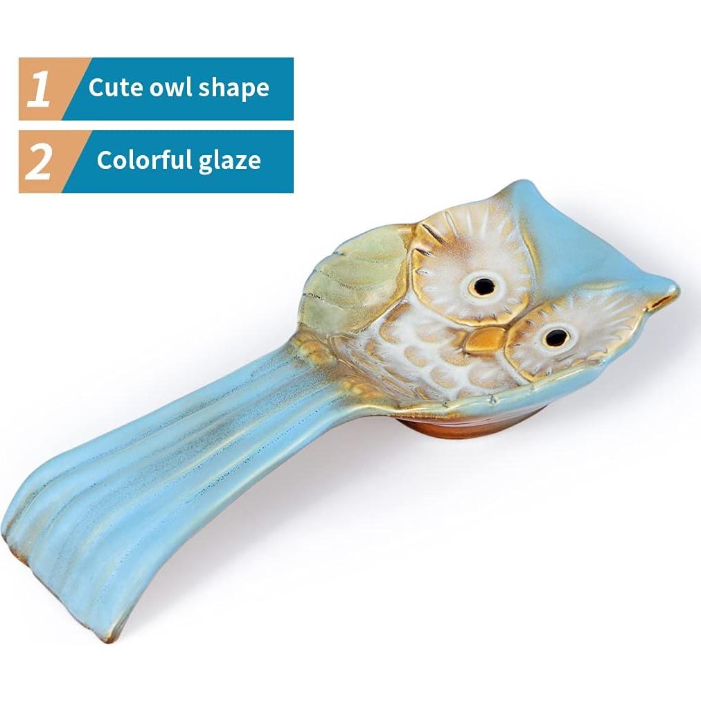 Soporte para cuchara de cerámica en forma de búho azul 24.4 cm