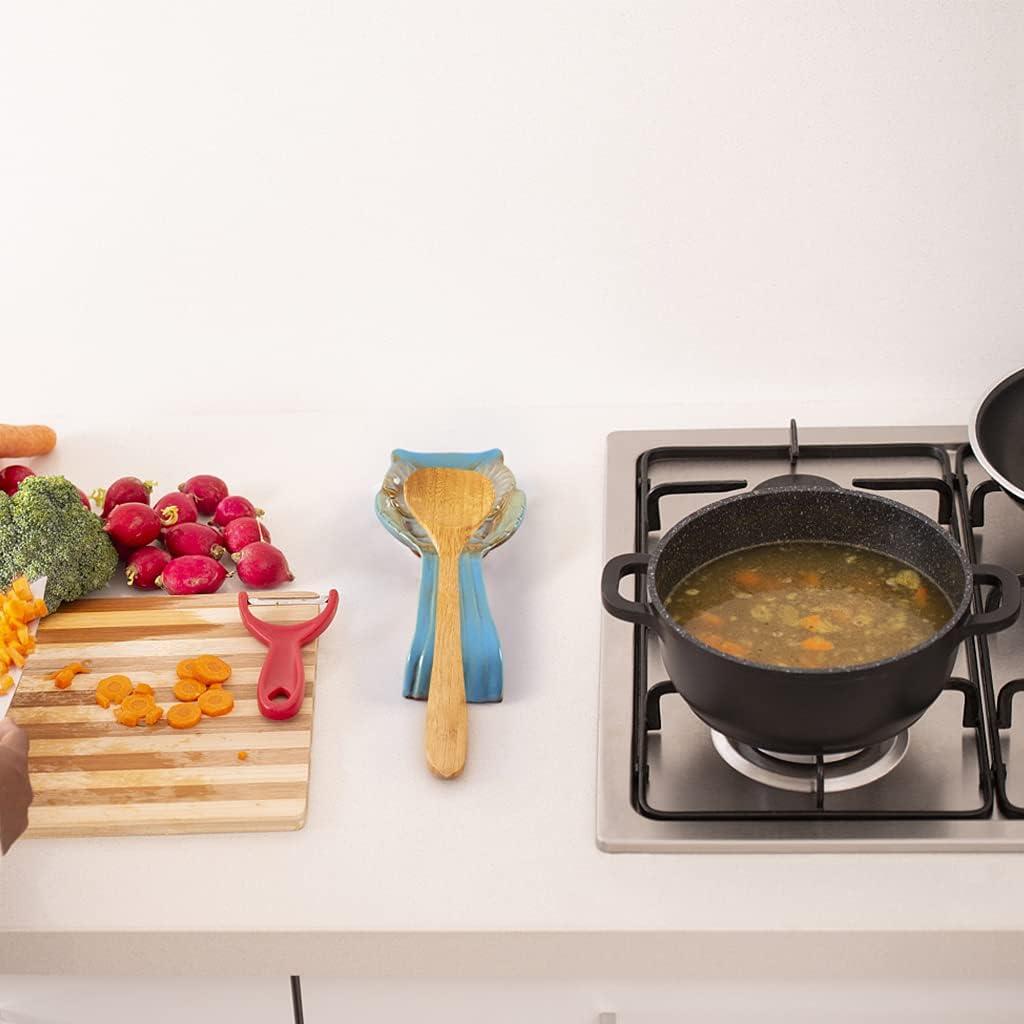 Soporte para cuchara de cerámica en forma de búho azul 24.4 cm