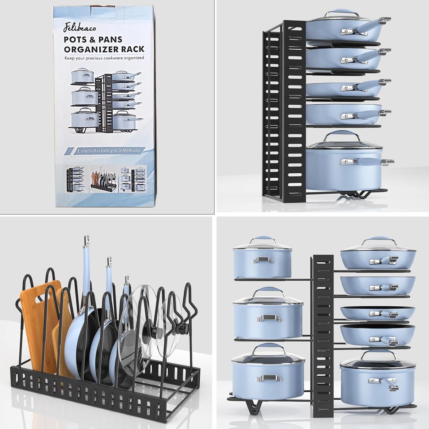 Organizador de Ollas y Sartenes Felibeaco Ajustable 8 Niveles Negro