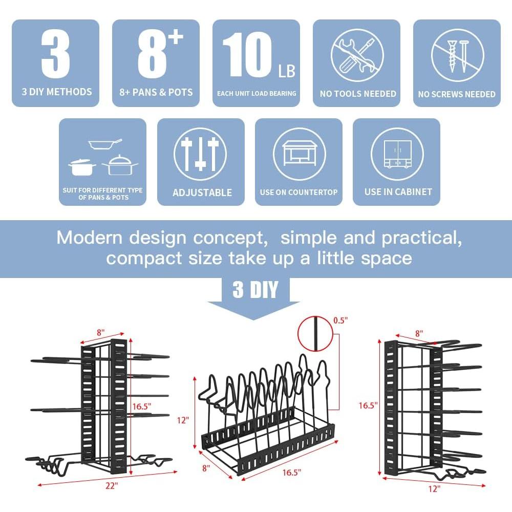 Organizador de Ollas y Sartenes Felibeaco Ajustable 8 Niveles Negro