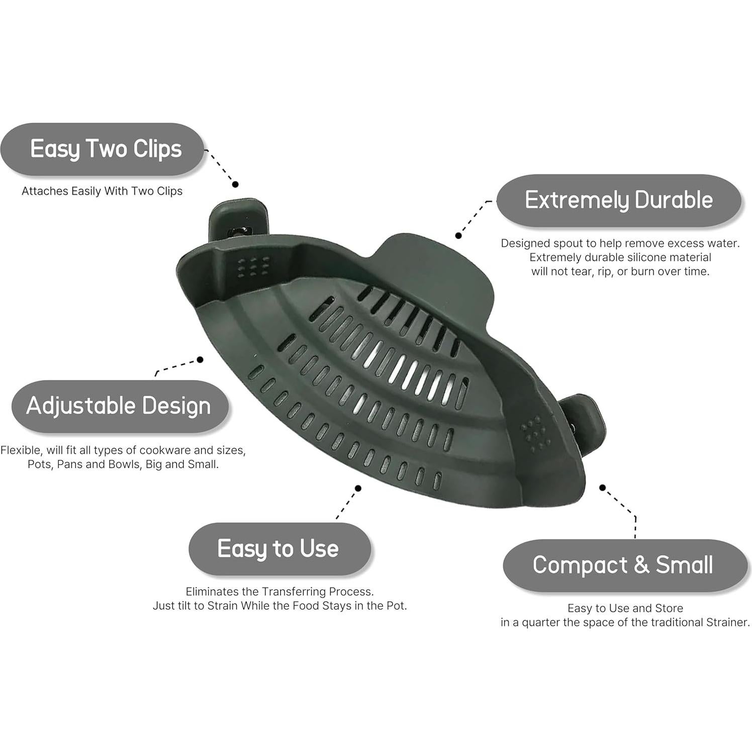 Colador Flexible de Silicona MOSOLE Clip On 25.4x12.7cm Gris