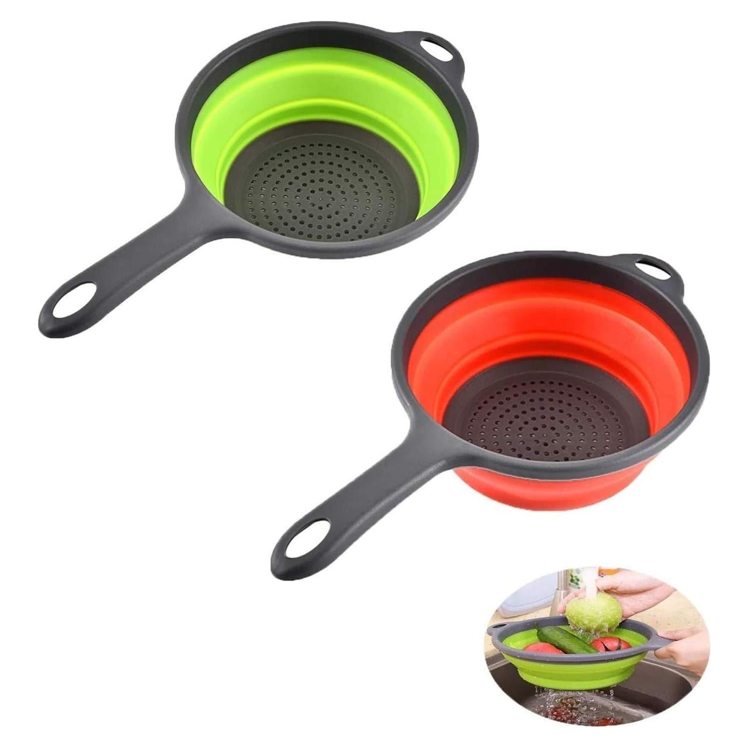 Juego de 2 Coladores Plegables ddLUCK Silicona Verde y Rojo