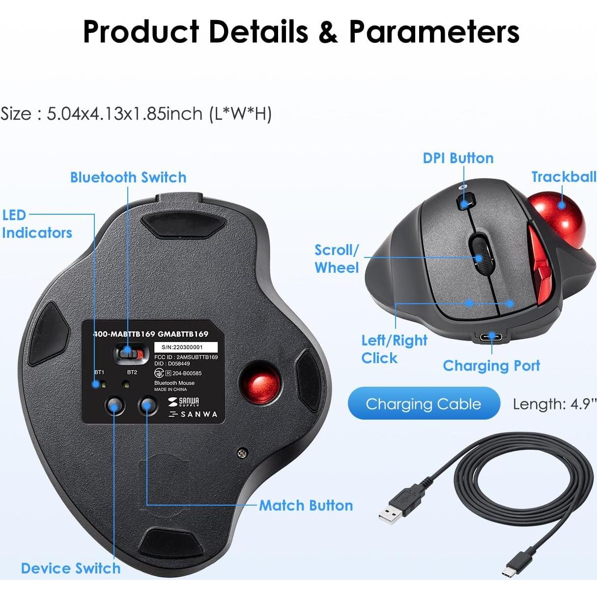 SANWA Ratón Trackball Bluetooth Ergonómico 600-1600 DPI