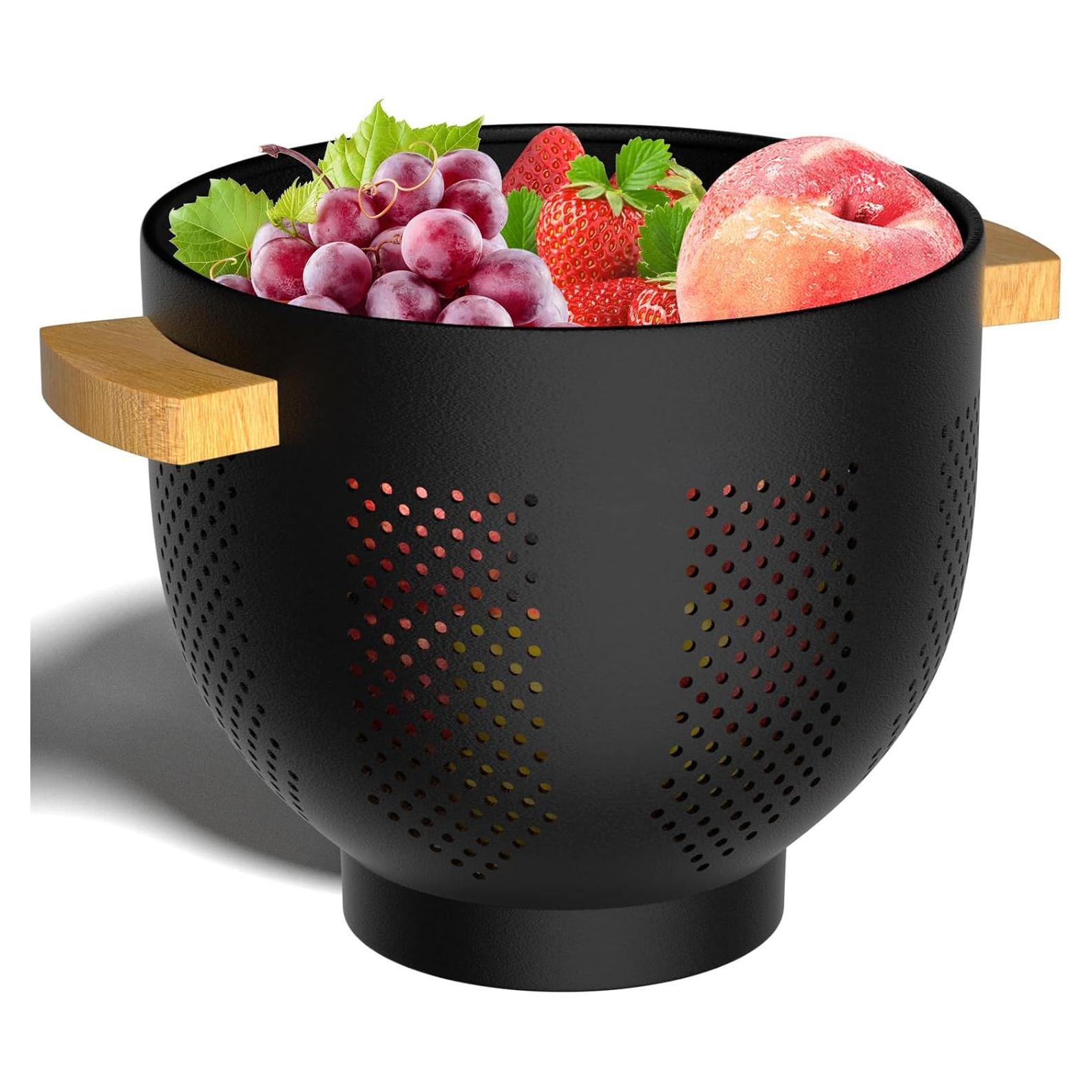 Colador de Metal UTTKOJ 6QT con Mango de Madera Negro Mate
