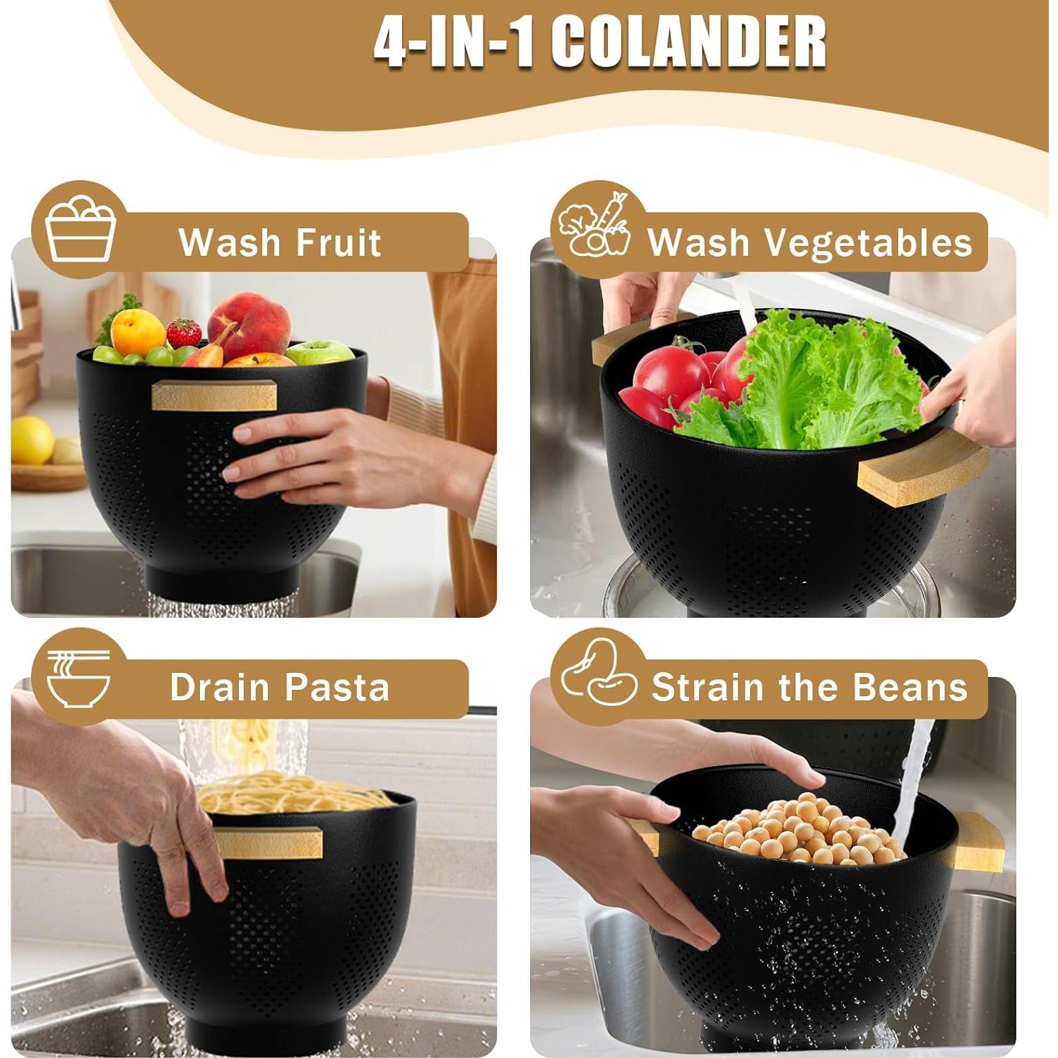 Colador de Metal UTTKOJ 6QT con Mango de Madera Negro Mate
