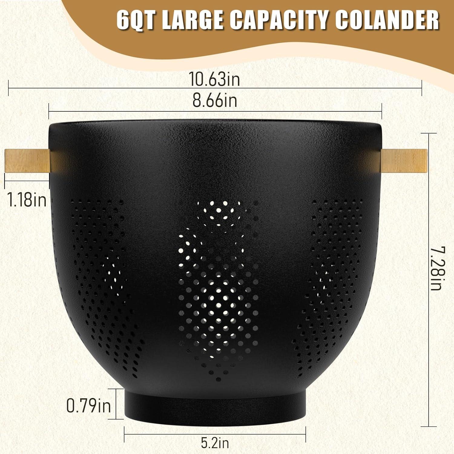 Colador de Metal UTTKOJ 6QT con Mango de Madera Negro Mate