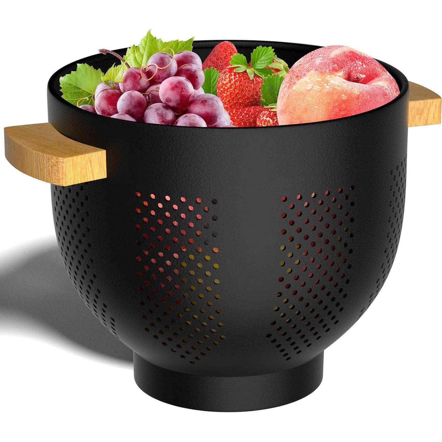 Colador de Metal UTTKOJ 6QT con Mango de Madera Negro Mate