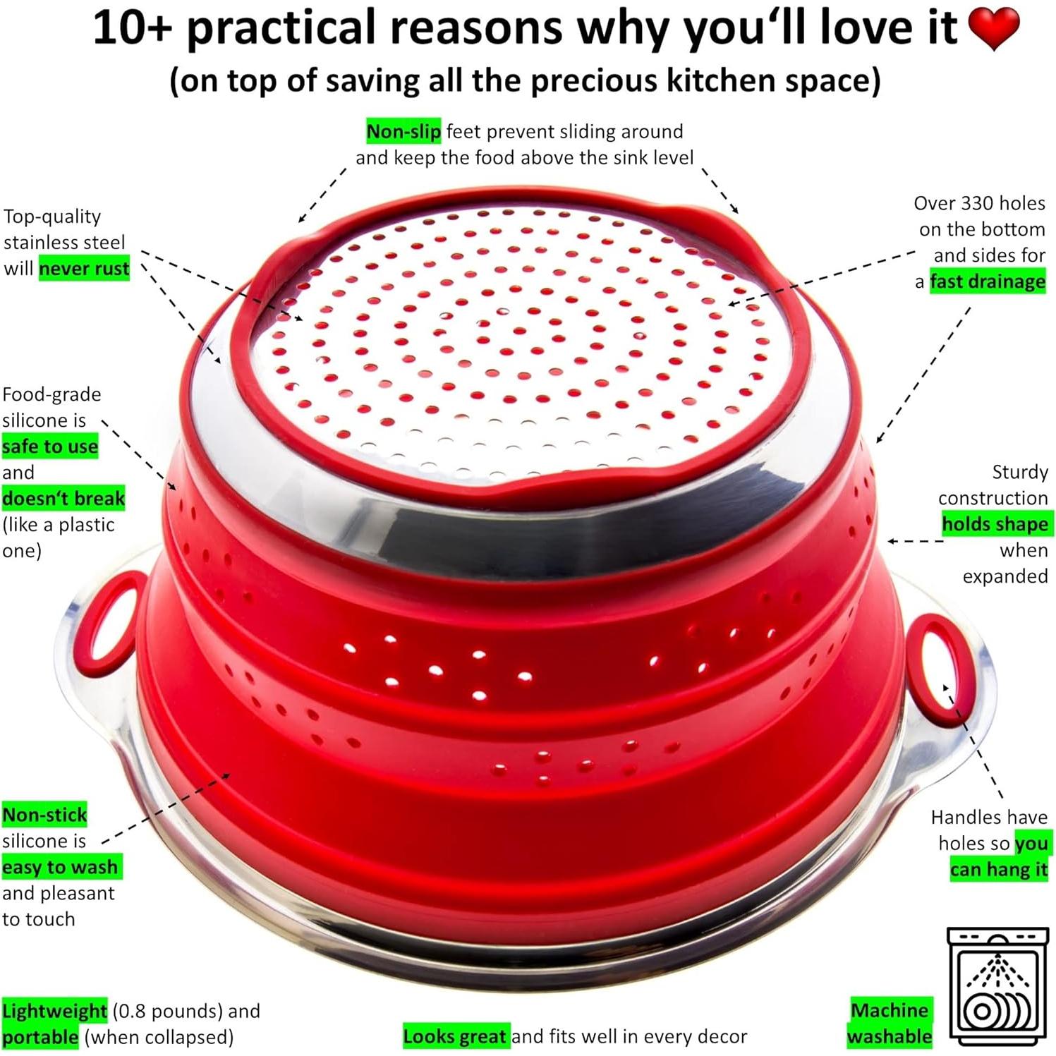 Colador y embudo plegable Vida más simple - Acero inoxidable y silicona roja