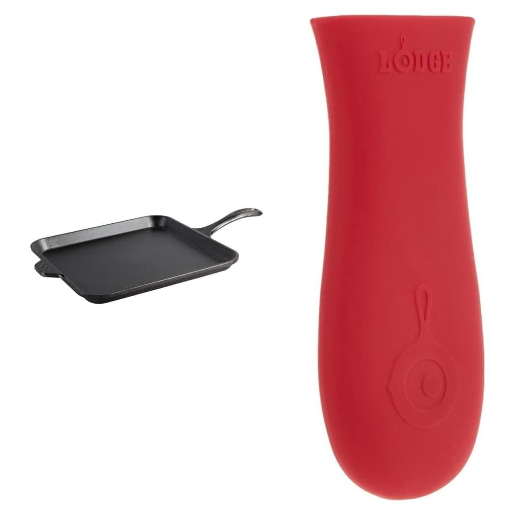 Sartén Cuadrada de Hierro Fundido Lodge 28 cm + Soporte Silicona Rojo