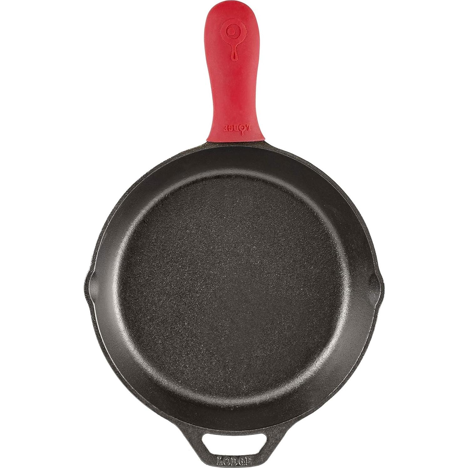 Sartén Cuadrada de Hierro Fundido Lodge 28 cm + Soporte Silicona Rojo