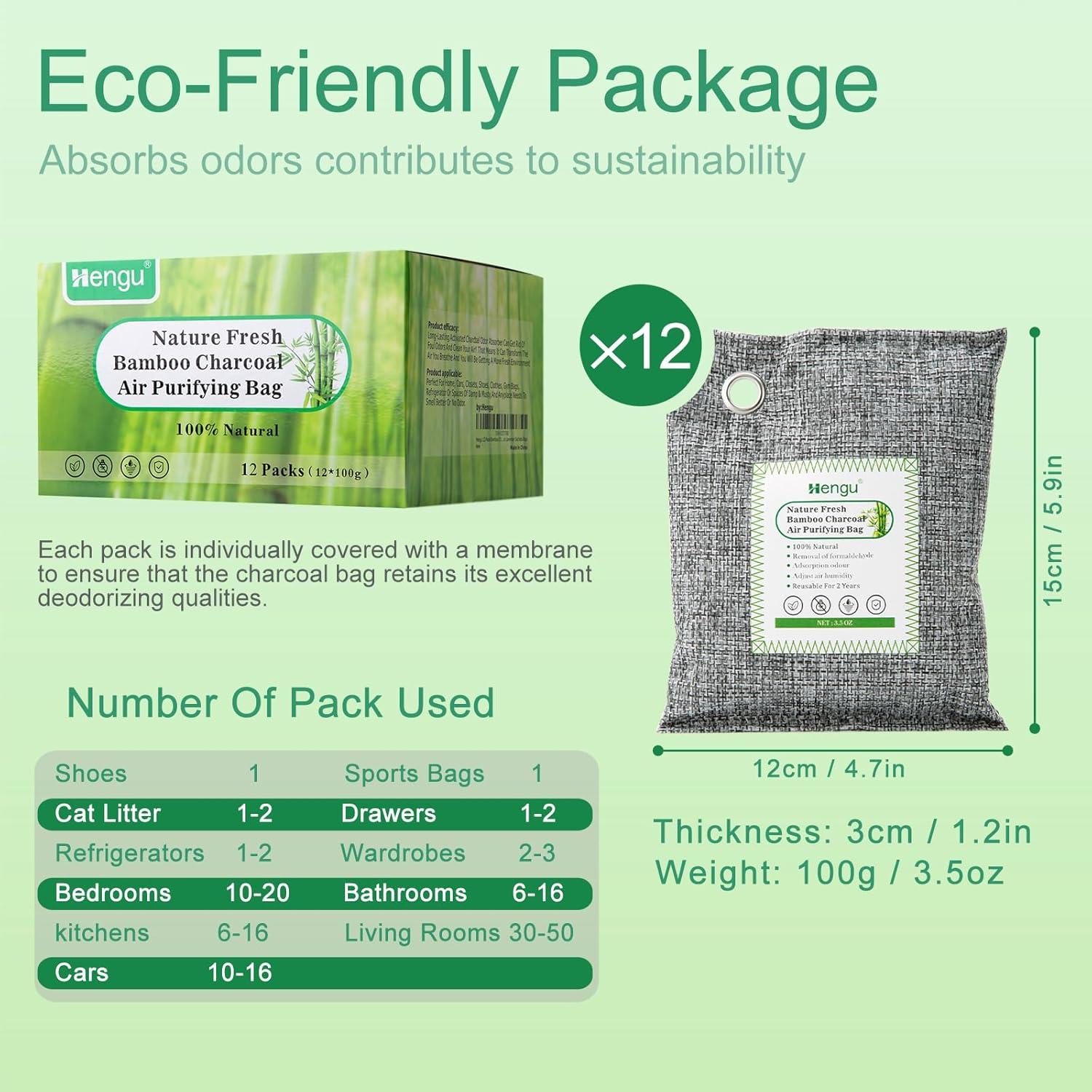 Absorbente de Olores de Carbón Activado Hengu - Paquete de 12, 100g