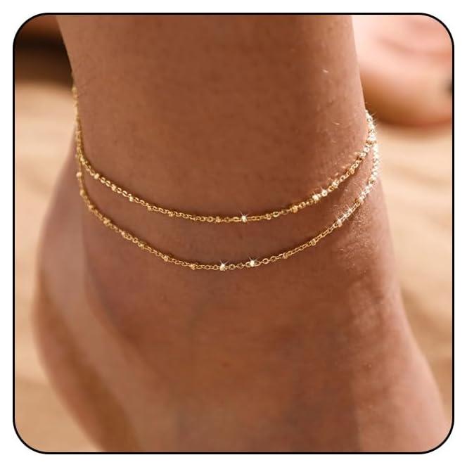 Brazaletes de Tobillo MIDEEO Oro y Plata 2 Capas Ajustables