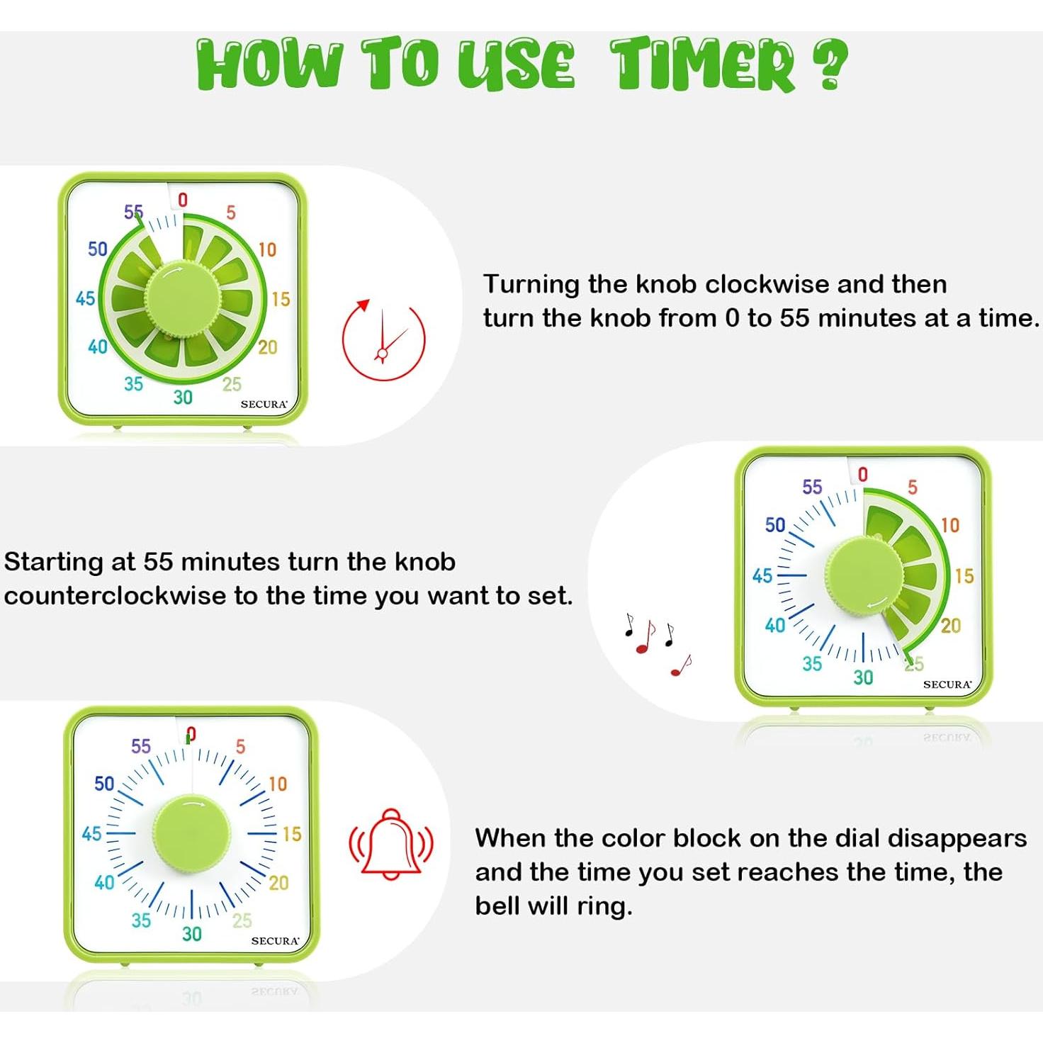 Temporizador Visual Secura 60 Minutos 7.5 Pulgadas Lima