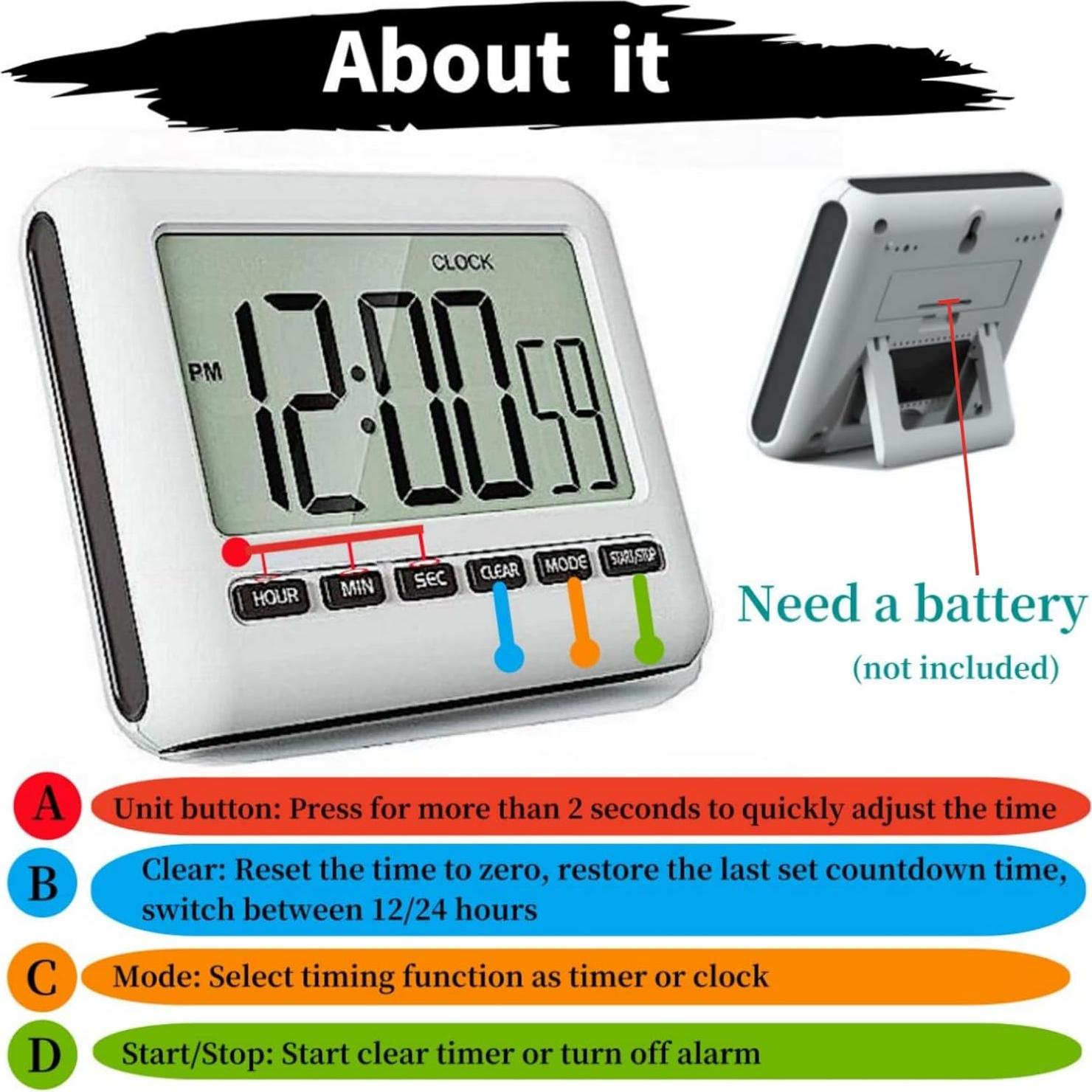 Temporizador Digital Magnético Genérico - Alarma Fuerte, Pantalla Grande, 12/24 Horas, 8.49x7.19 cm