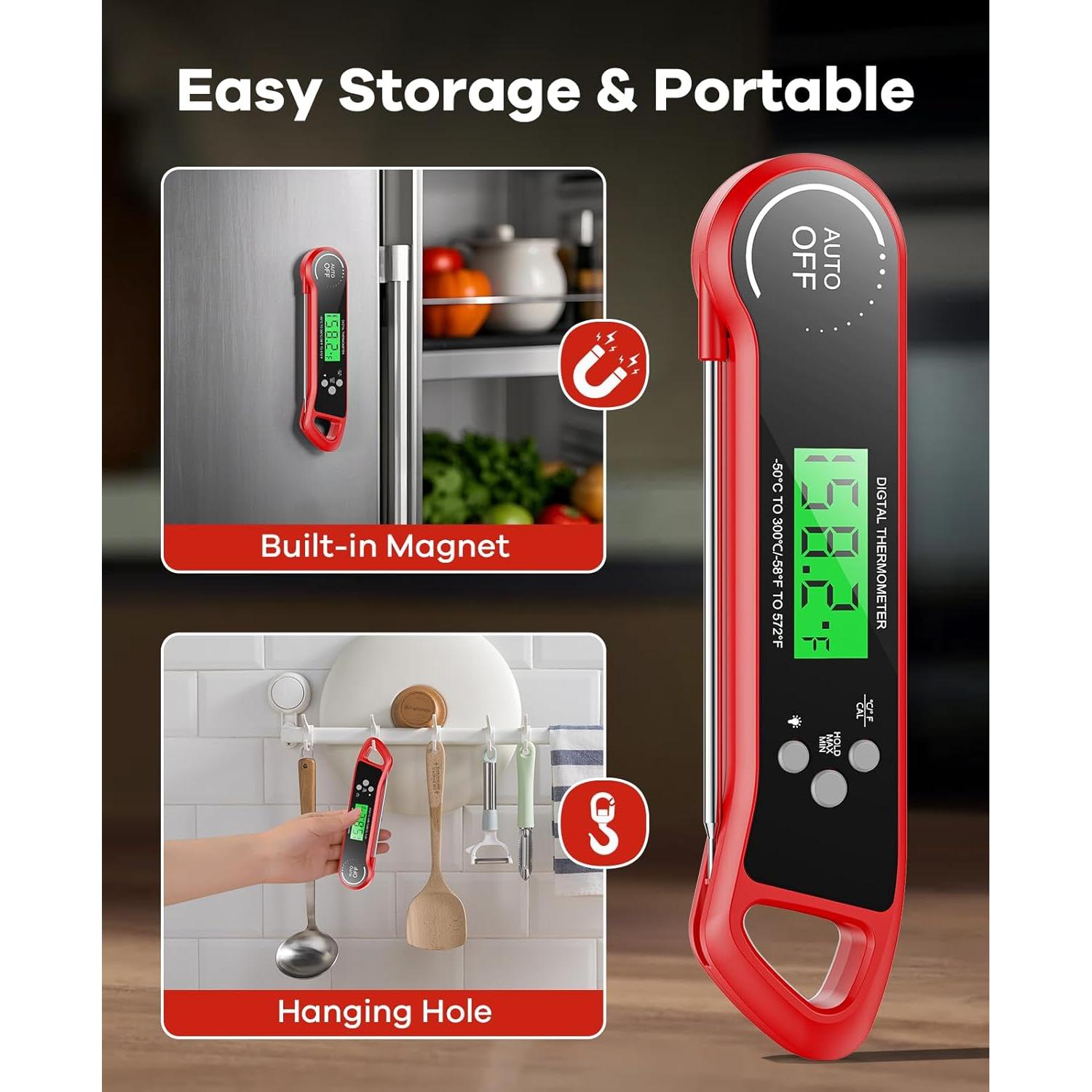 Termómetro Digital de Carne SILVLF Rojo, Lectura Instantánea, IPX7