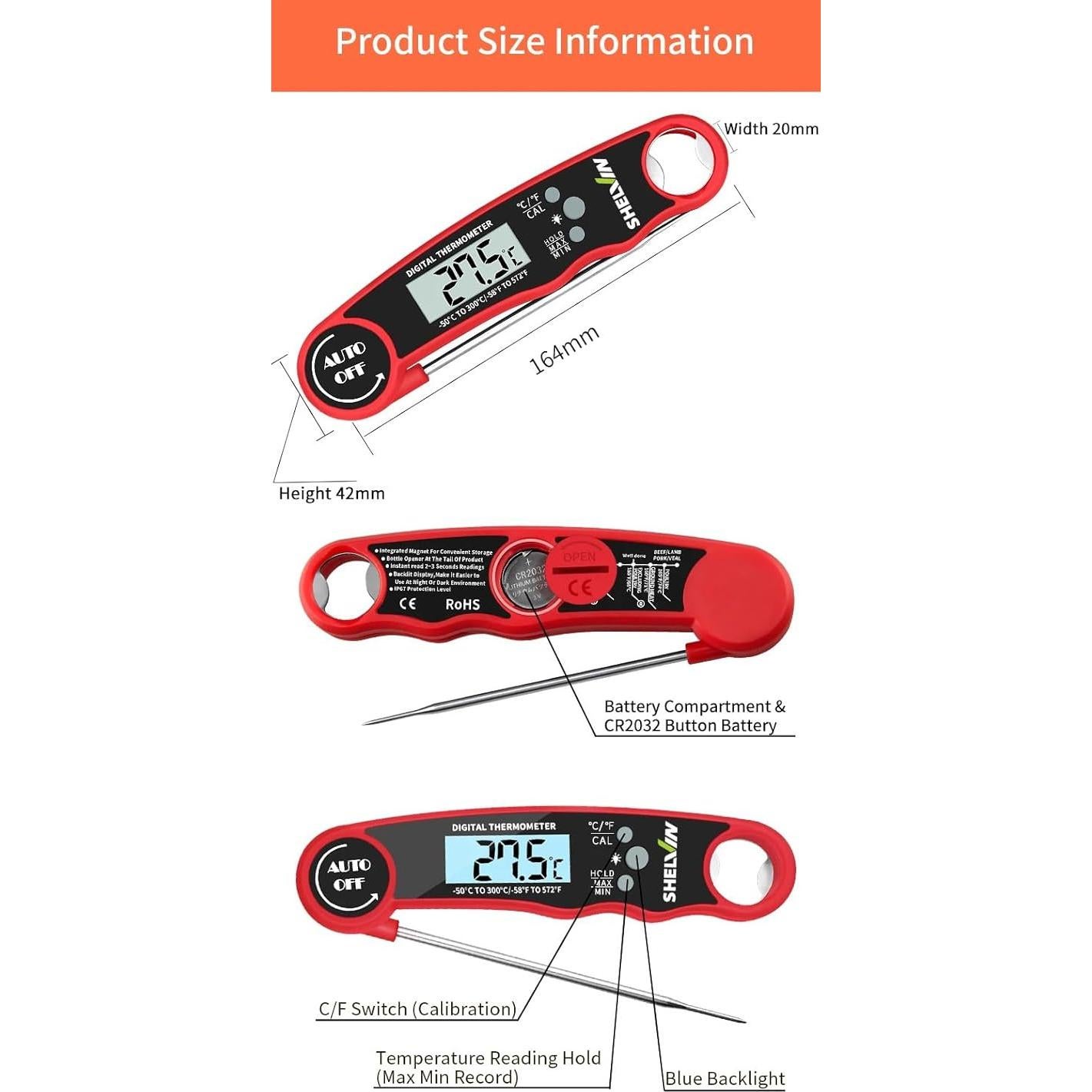 Termómetro Digital de Carne Shelvin - Impermeable, Lectura Rápida