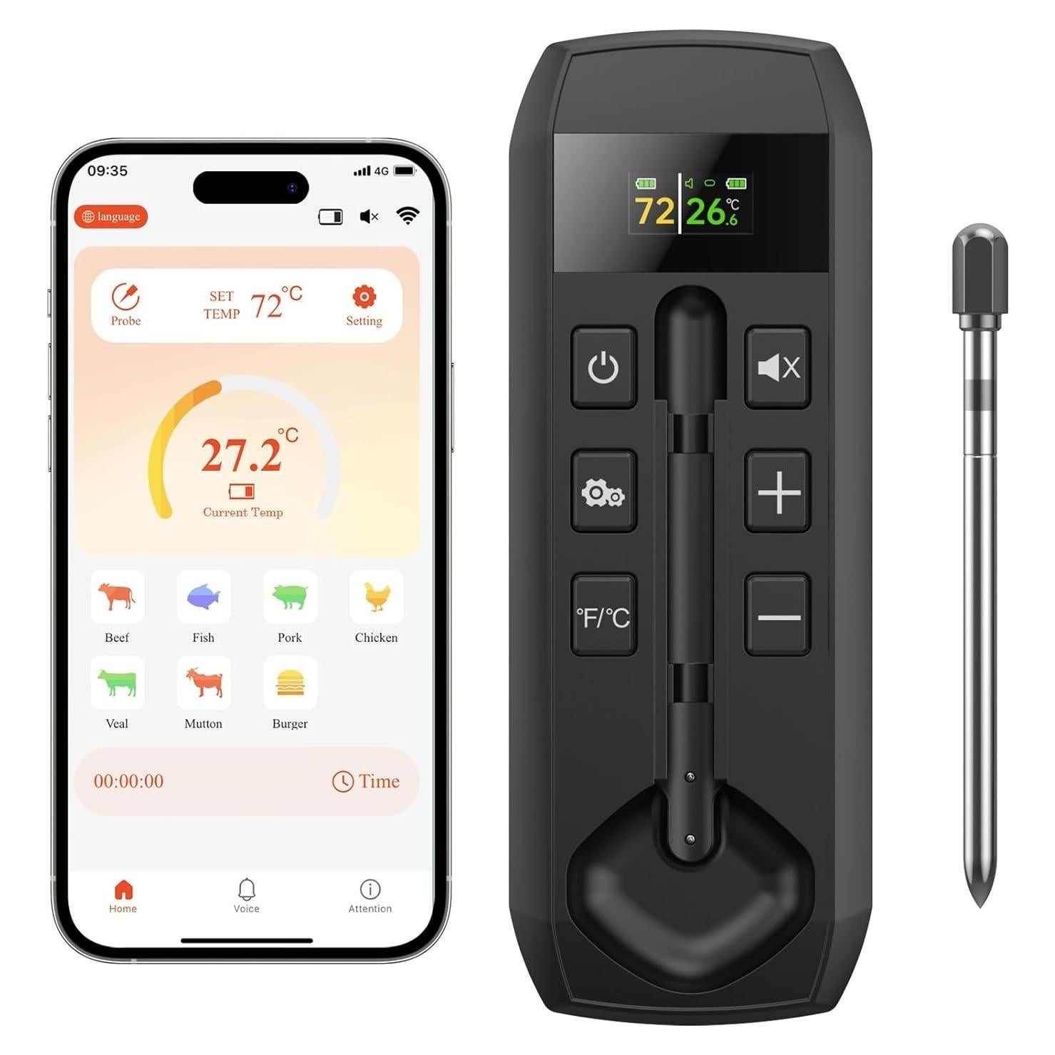 Termómetro de Carne Inalámbrico Weless T8 con Sonda y App