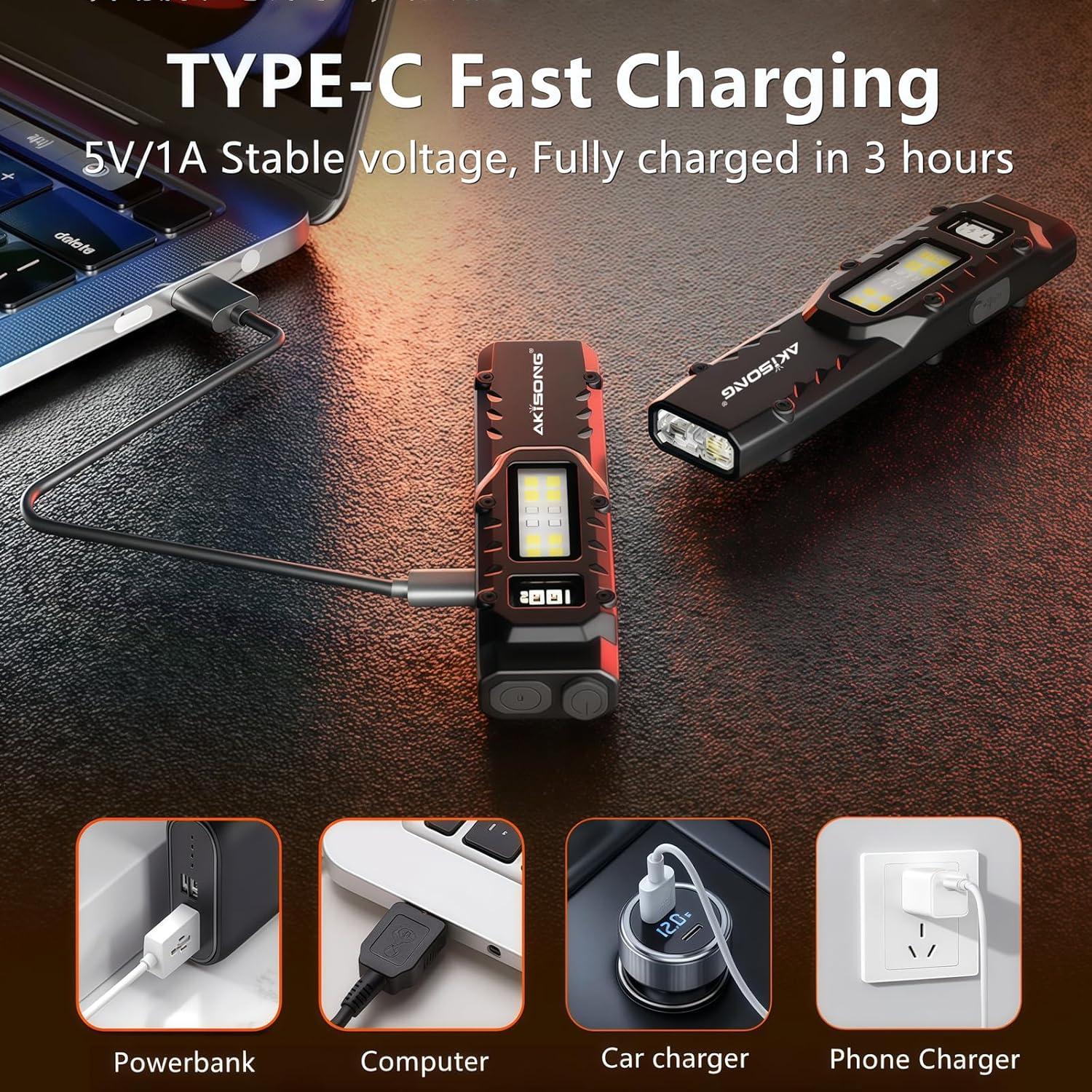 Linterna Táctica EDC AKISONG 1200 Lúmenes Recargable USB-C