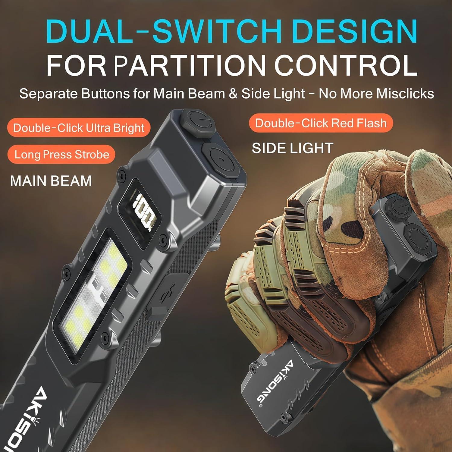 Linterna Táctica EDC AKISONG 1200 Lúmenes Recargable USB-C