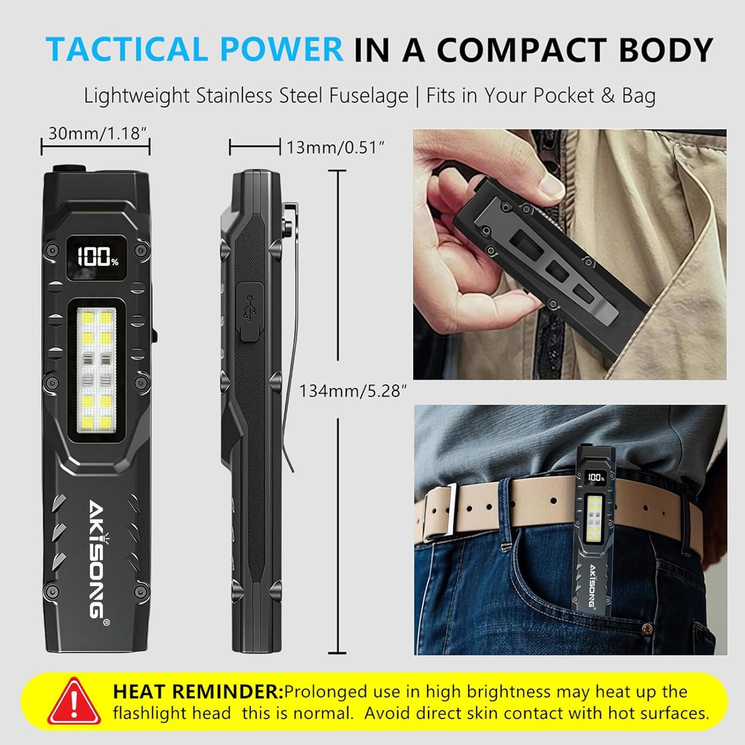Linterna Táctica EDC AKISONG 1200 Lúmenes Recargable USB-C