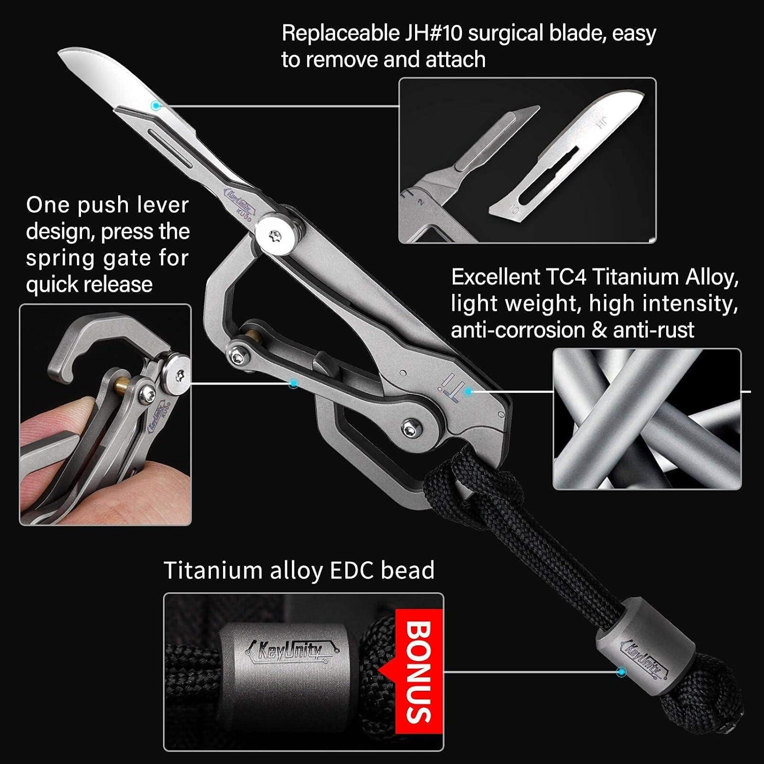 Mosquetón de Titanio KeyUnity KU00 con Cuchillo Plegable EDC