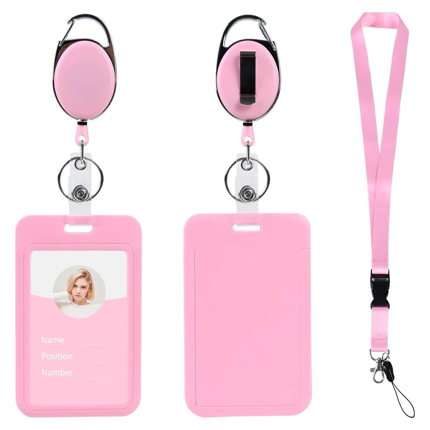 Portatarjetas ID Vertical Luckyczc Rosa con Clip Retráctil