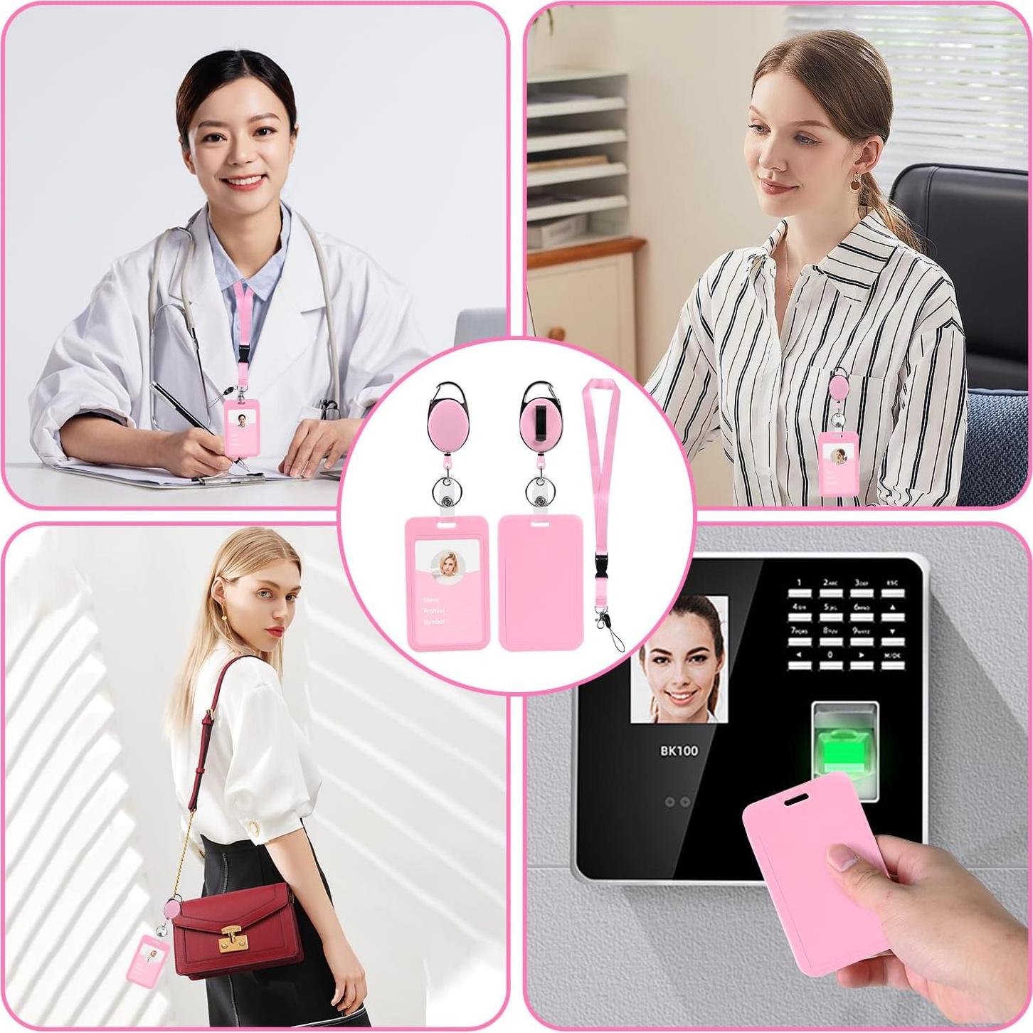 Portatarjetas ID Vertical Luckyczc Rosa con Clip Retráctil