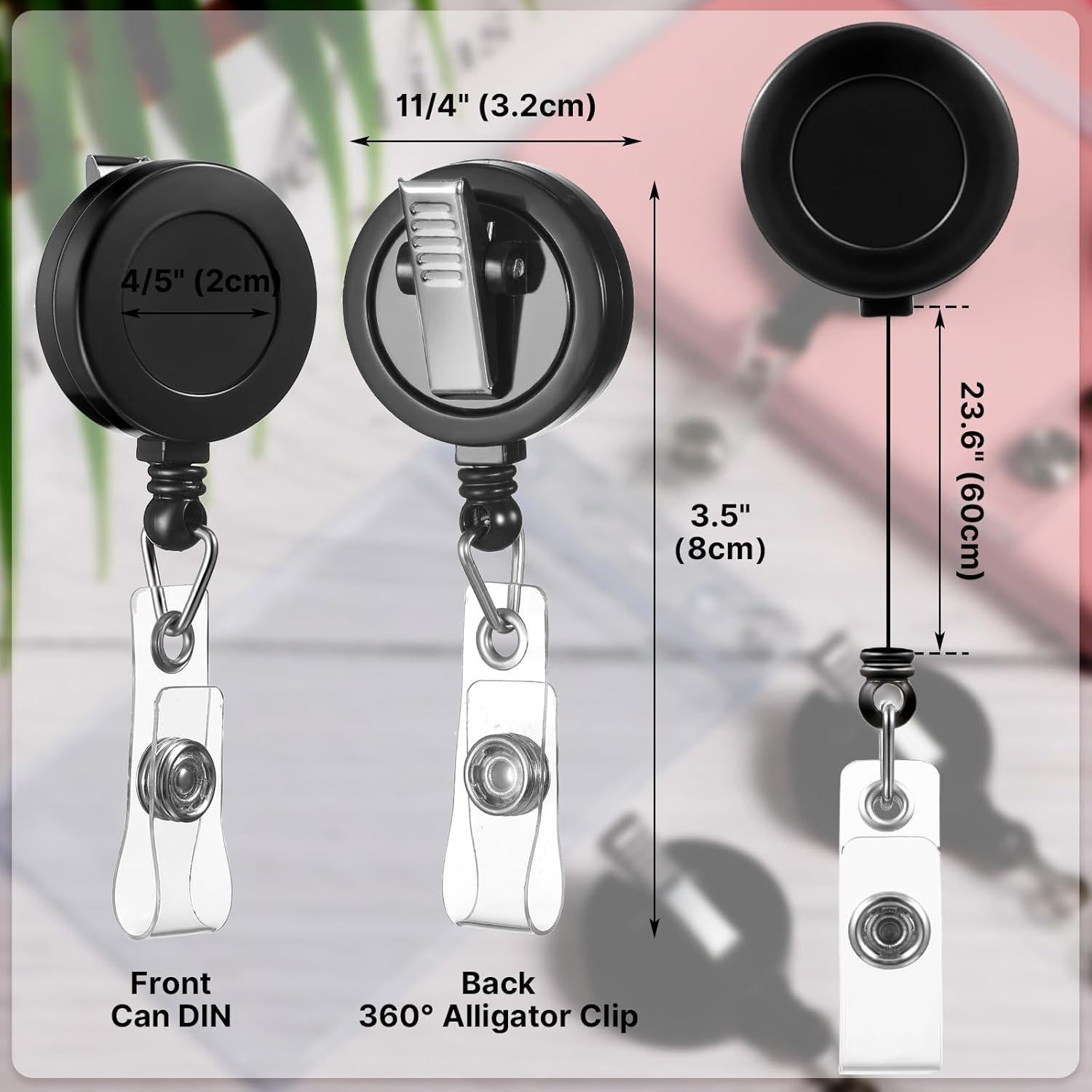 50 Portatarjetas Retráctiles Zonon con Clip Giratorio Negro