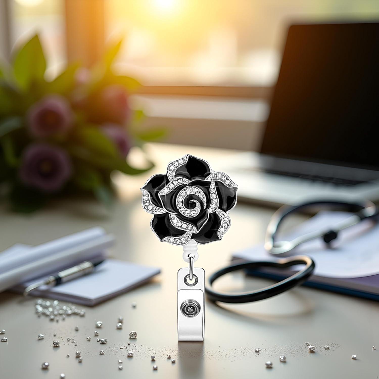 Portatarjetas Retráctil Sluswallow Negro con Flor Rosa Brillante