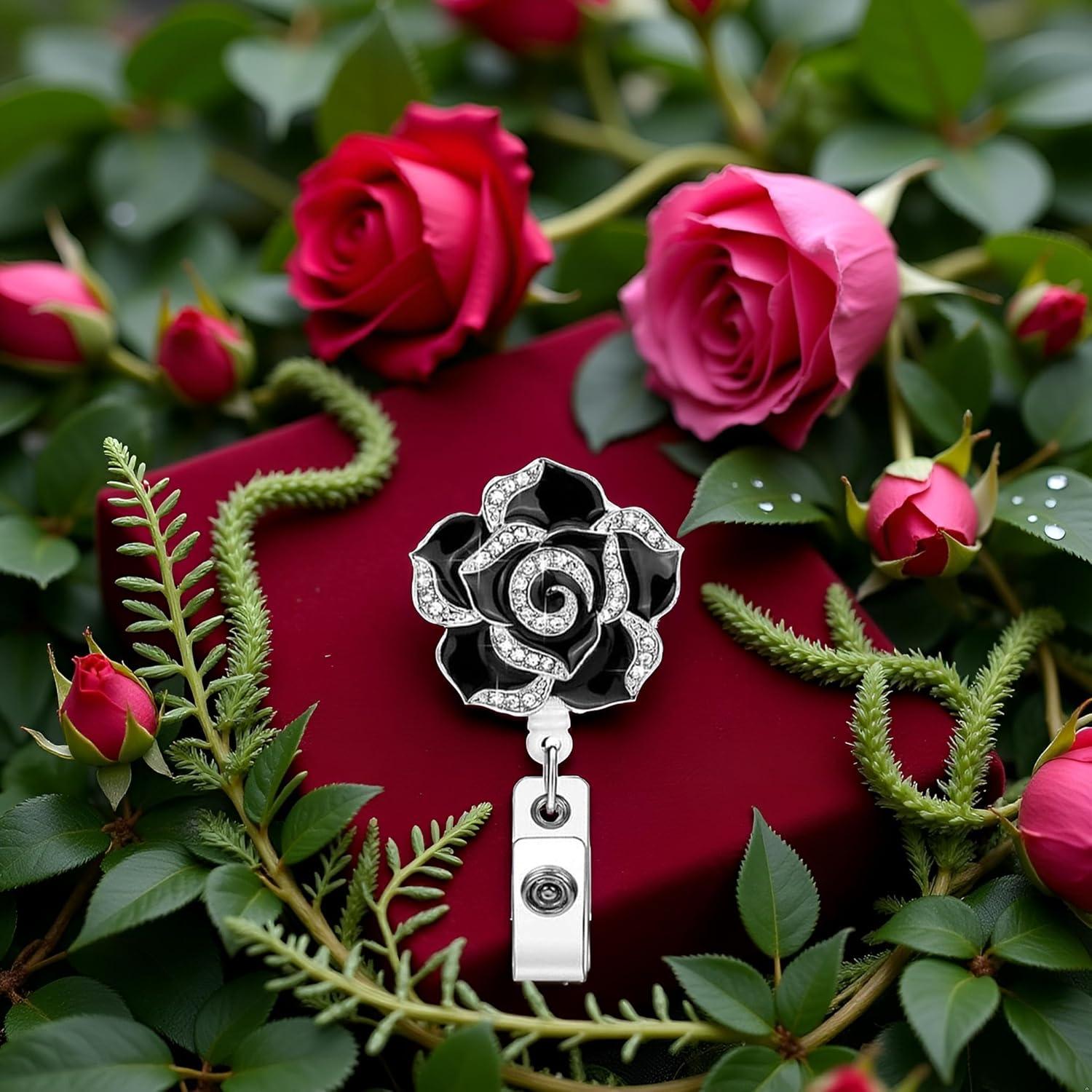 Portatarjetas Retráctil Sluswallow Negro con Flor Rosa Brillante