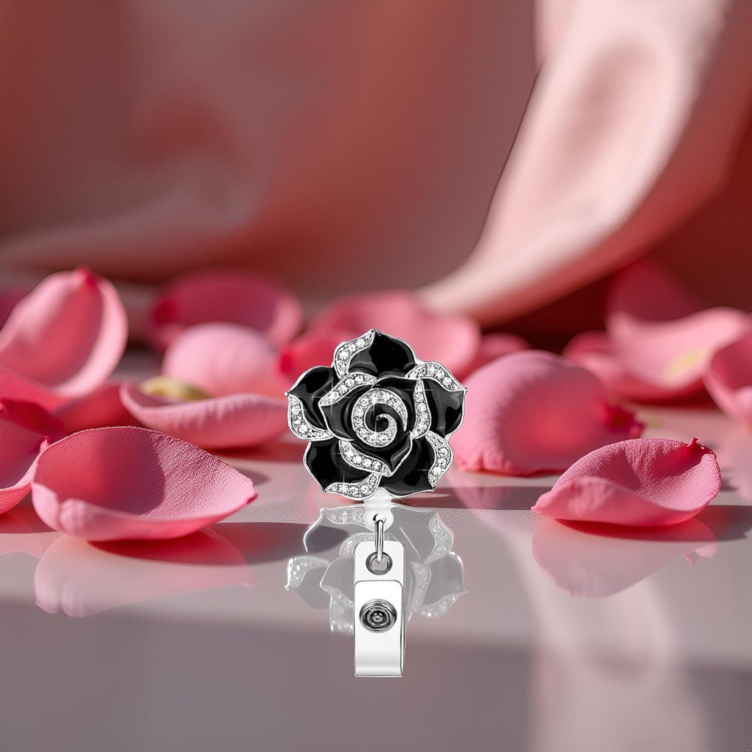 Portatarjetas Retráctil Sluswallow Negro con Flor Rosa Brillante