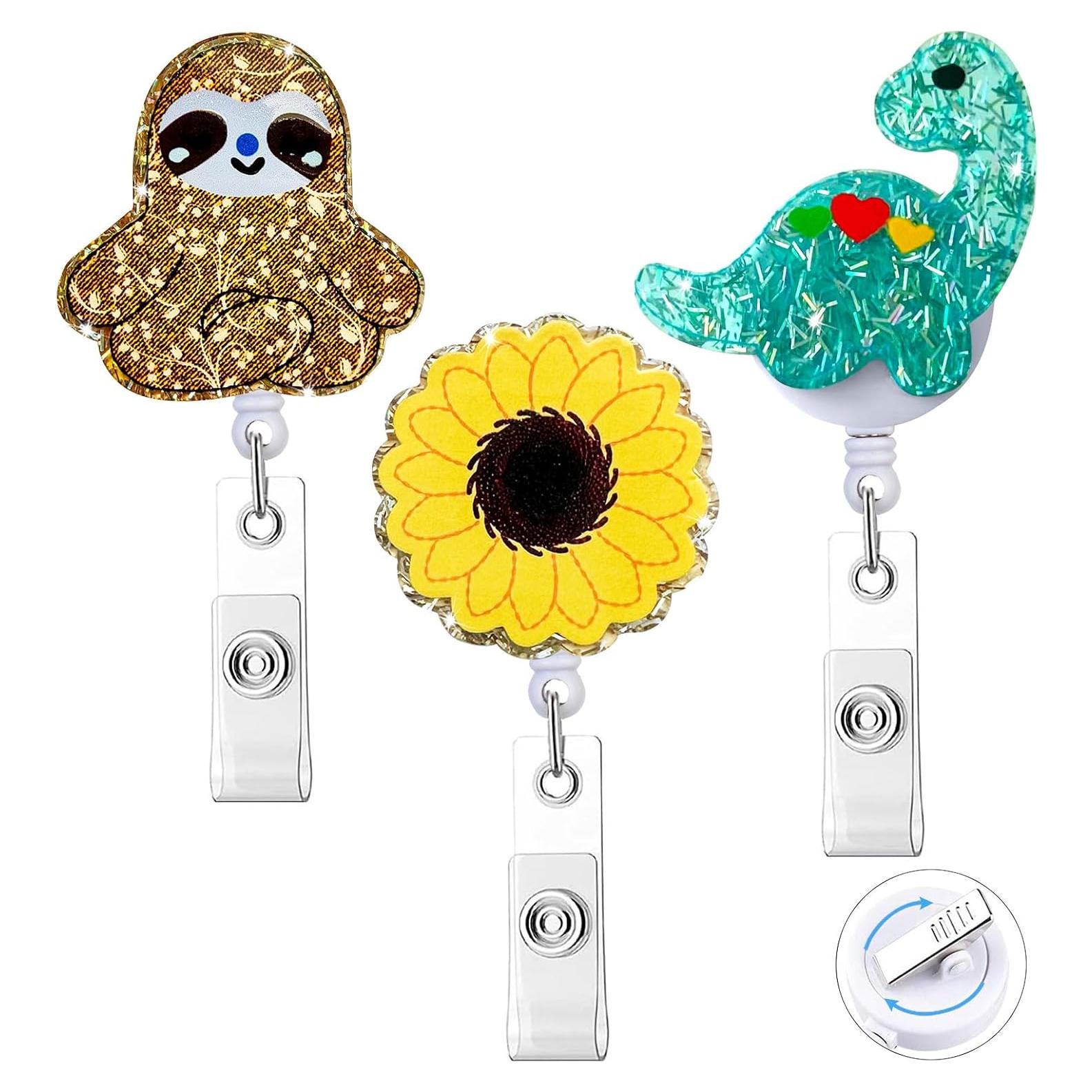 Paquete de 3 Portatarjetas Retráctiles HASFINE - Girasol, Dinosaurio y Perezoso