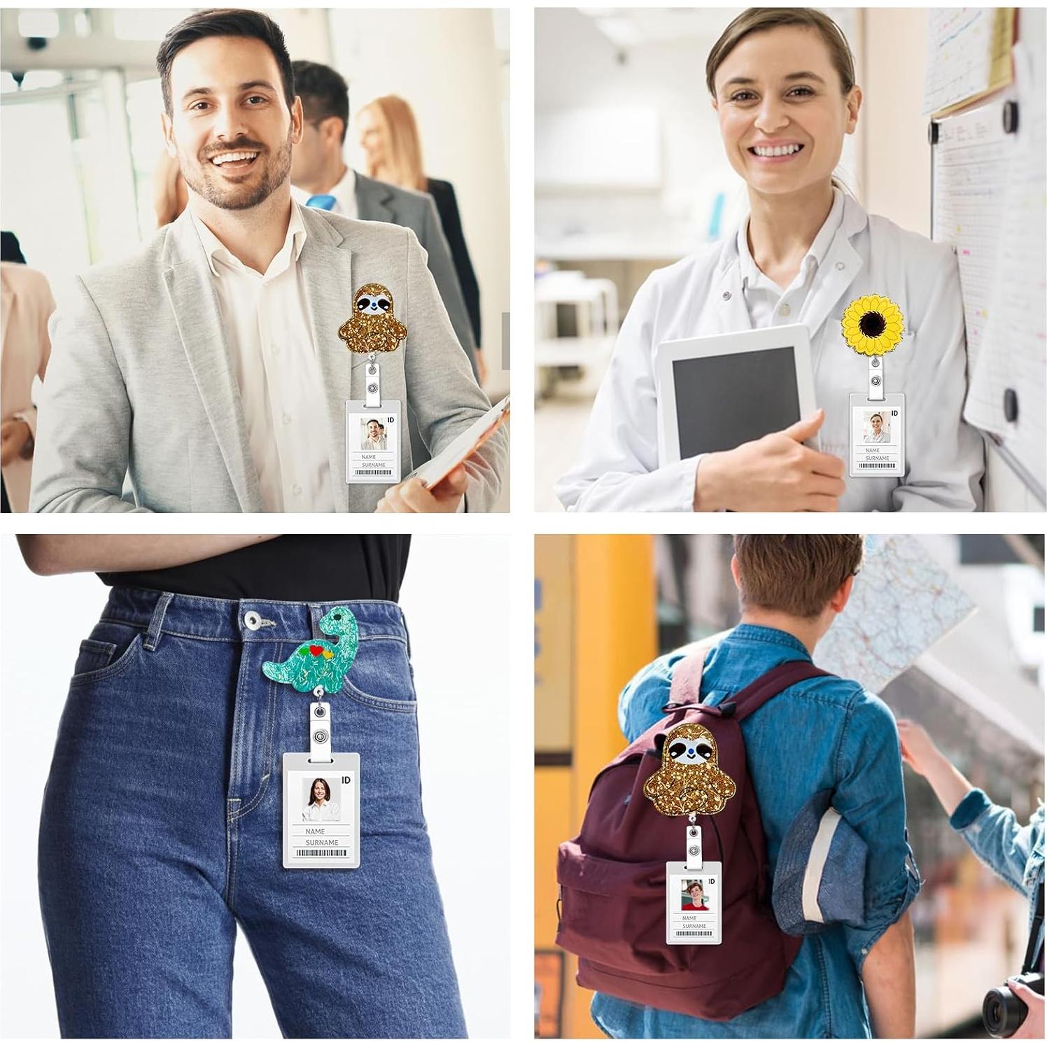 Paquete de 3 Portatarjetas Retráctiles HASFINE - Girasol, Dinosaurio y Perezoso