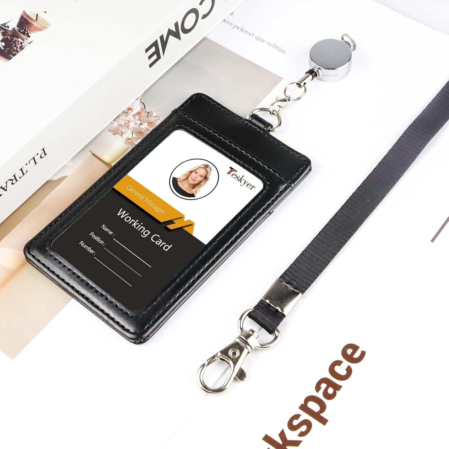 Porta Credencial de Cuero Teskyer Retráctil Negro con Carrete