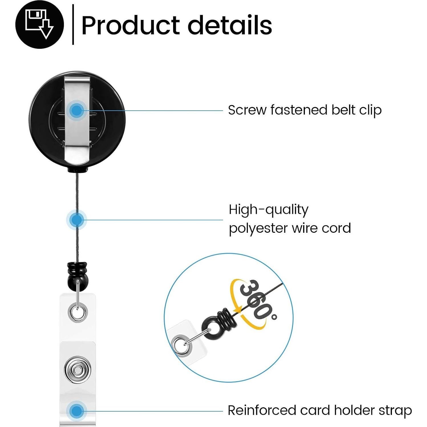 Zonon 100 Clips de Carrete Retráctil para Identificación Negro