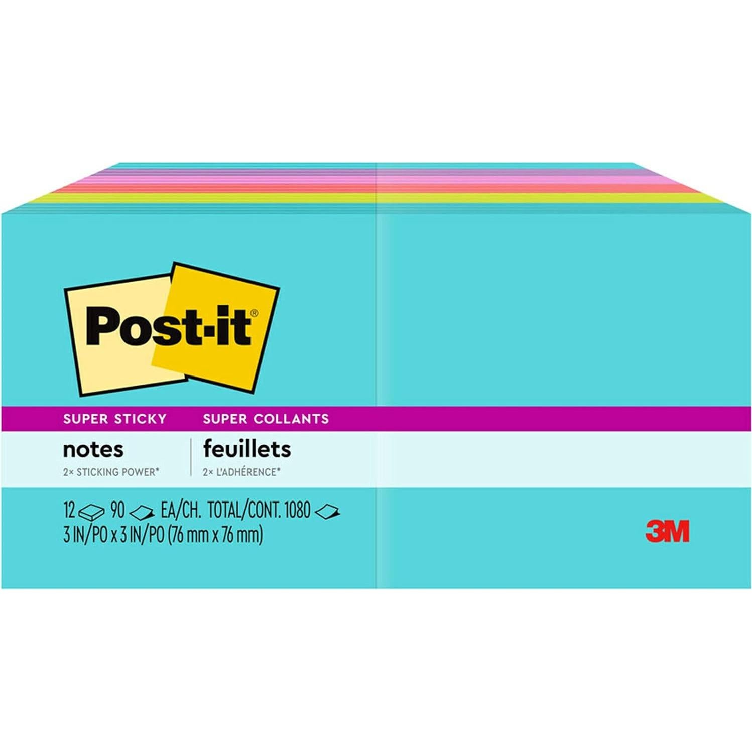 Notas Post-it Súper Adhesivas Neones Supernova 12 Blocs 7.62x7.62 cm