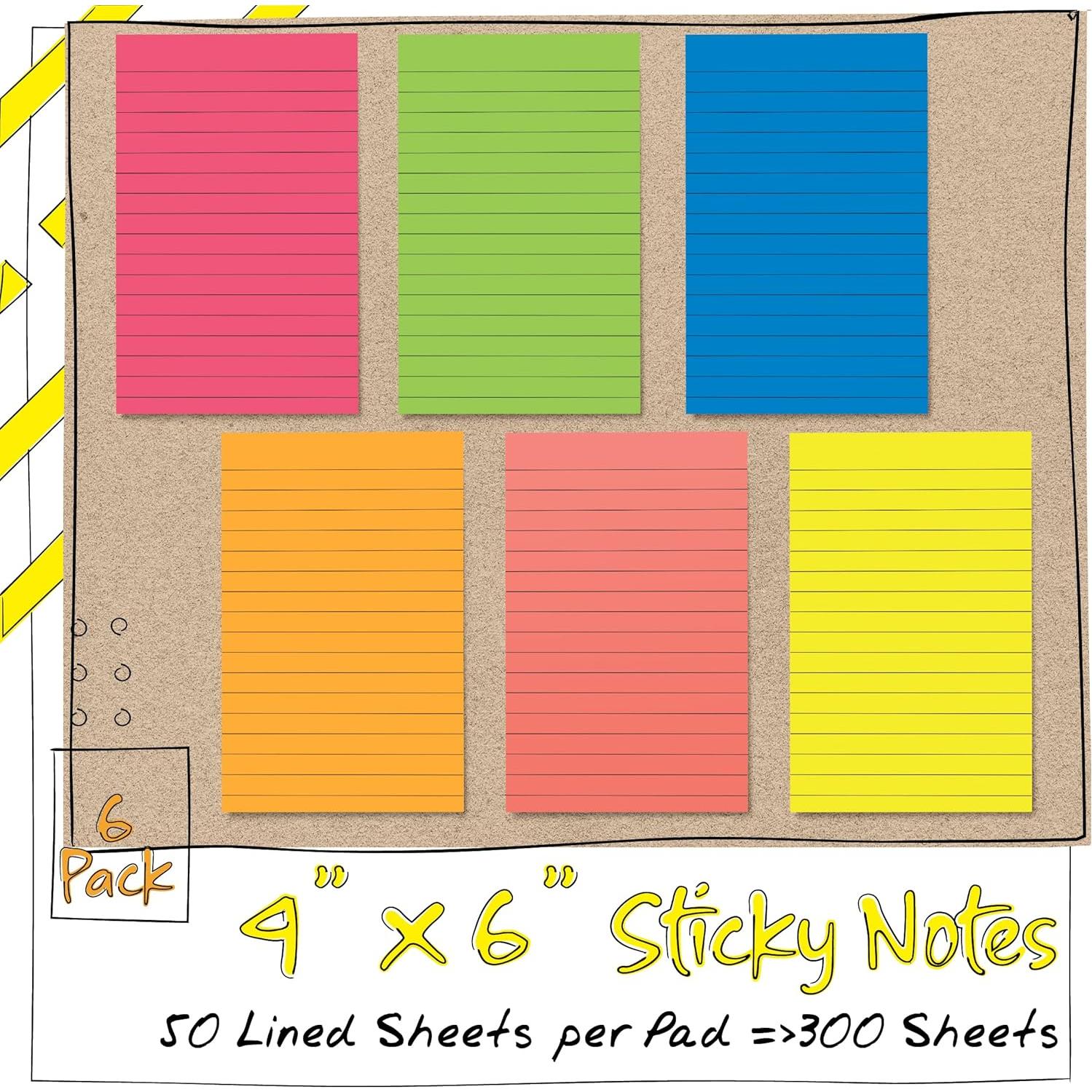 Notas Adhesivas Rayadas 10.16x15.24 cm 6 Paquetes 300 Hojas