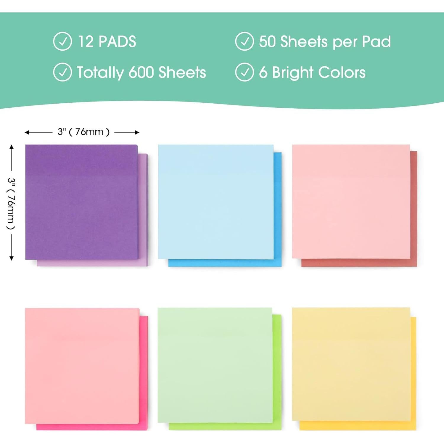 Notas Adhesivas YISAN 7.62x7.62 cm 12 Blocs 600 Hojas Colores