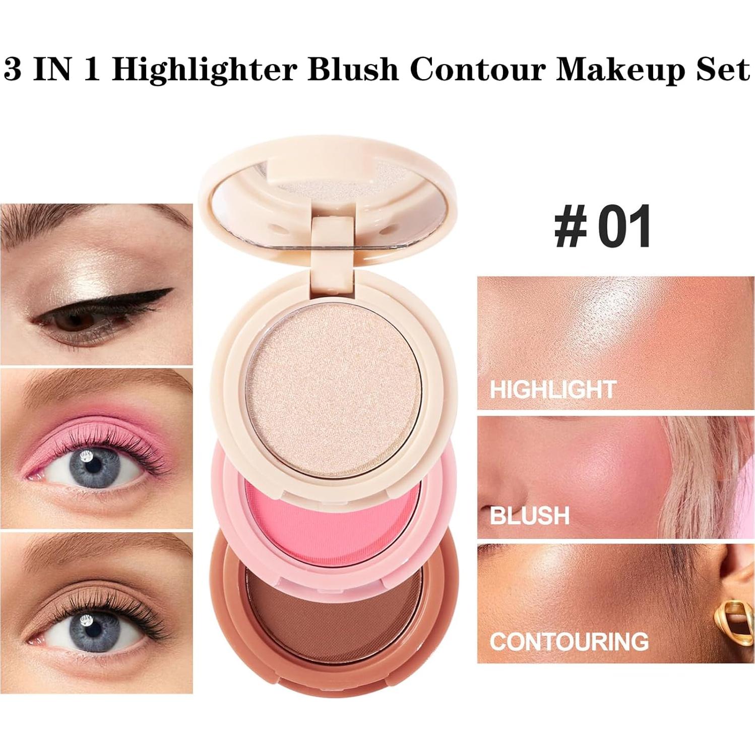 Paleta de Maquillaje 3 en 1 Yeweian - Rubor, Contorno e Iluminador