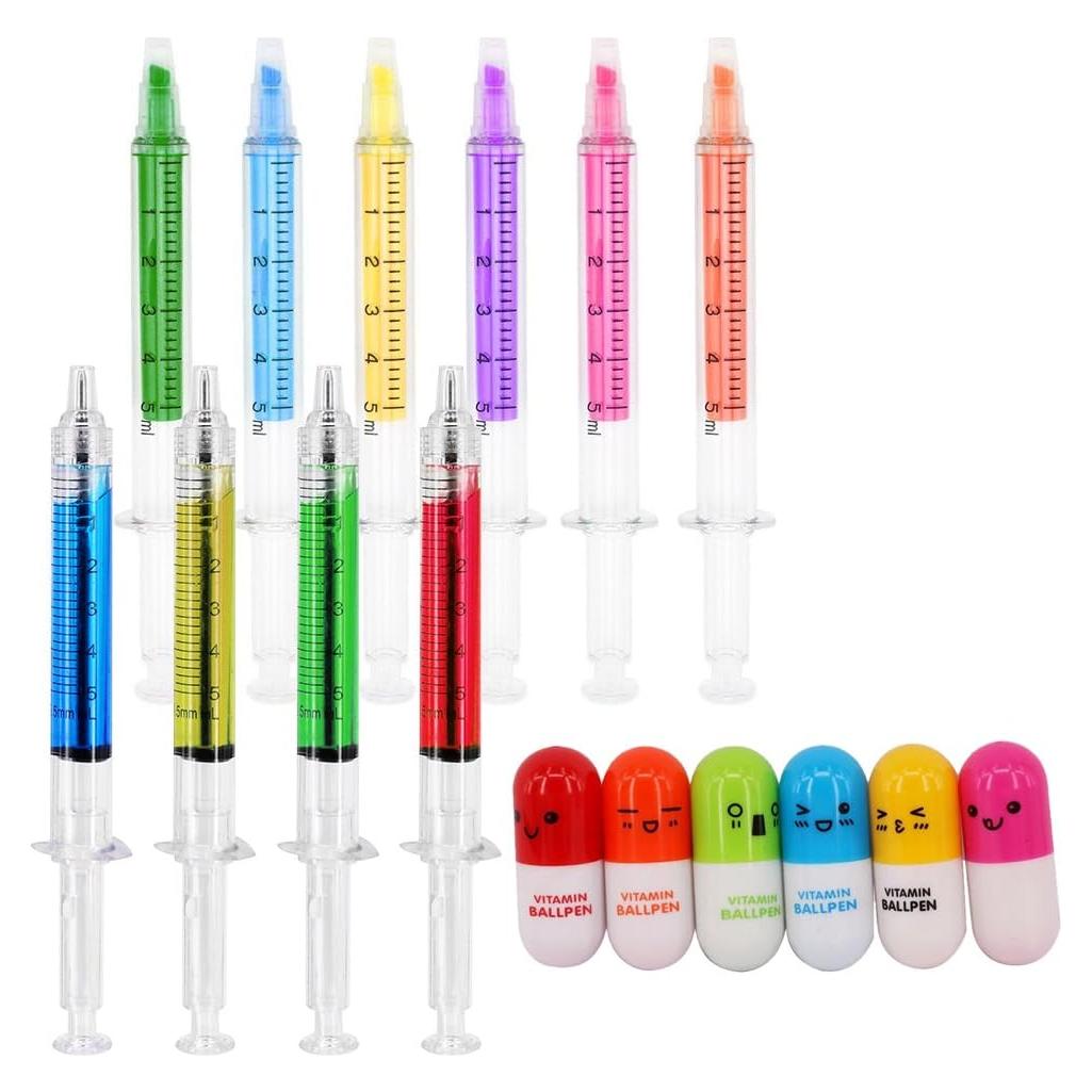 Set 16 Bolígrafos Jeringa y Pastilla SunAngel - Fluorescentes