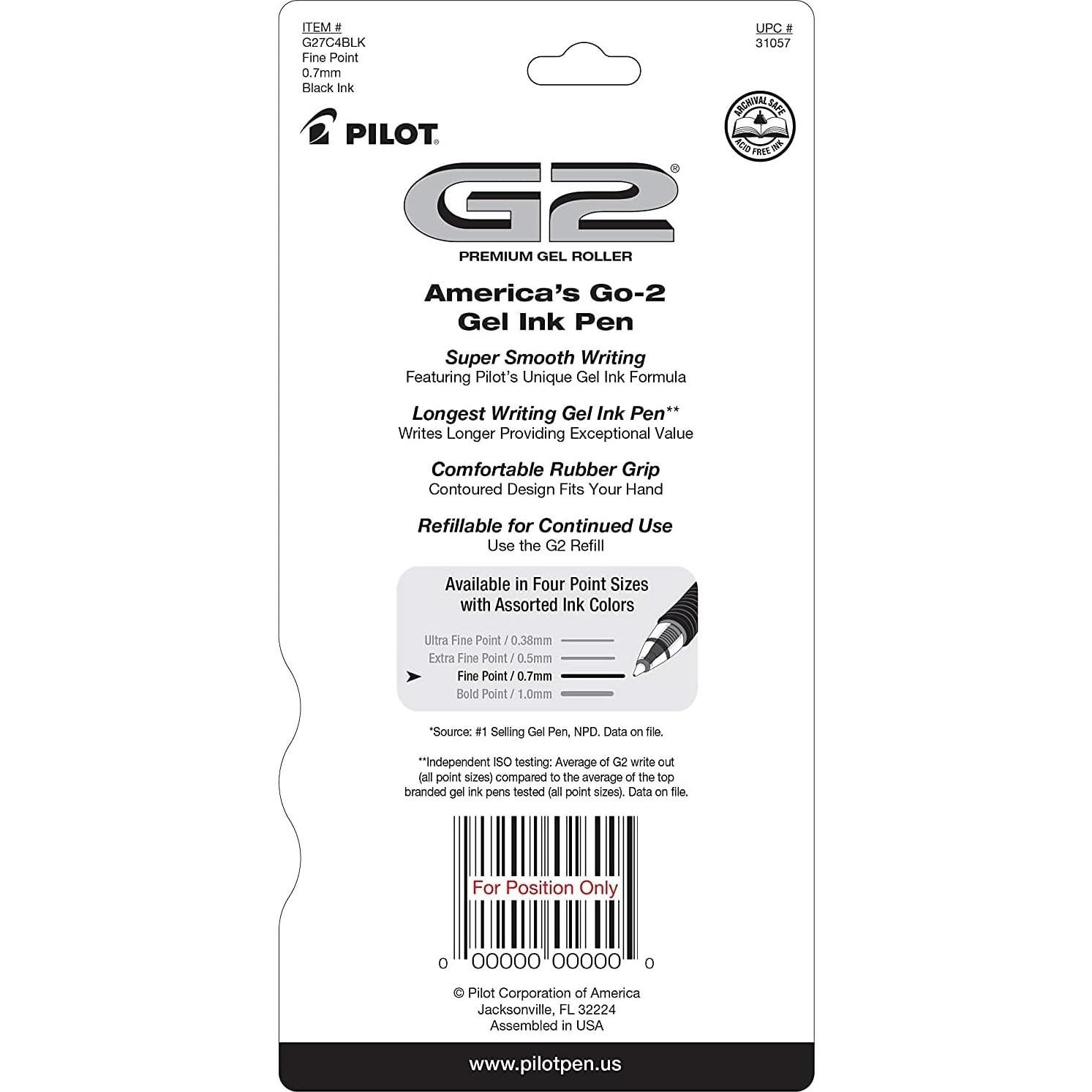 Bolígrafos de Gel Pilot G2 0.7 mm Negros - Paquete de 4