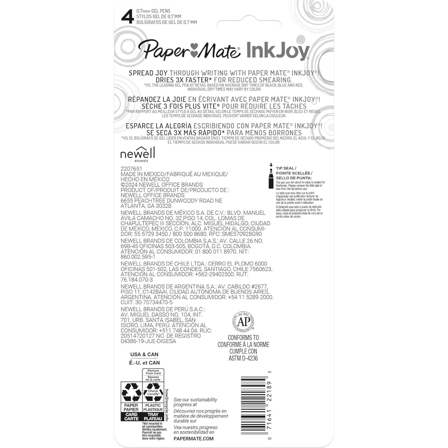 Bolígrafos de Gel Paper Mate InkJoy Candy Pop 0.7mm Paquete de 4