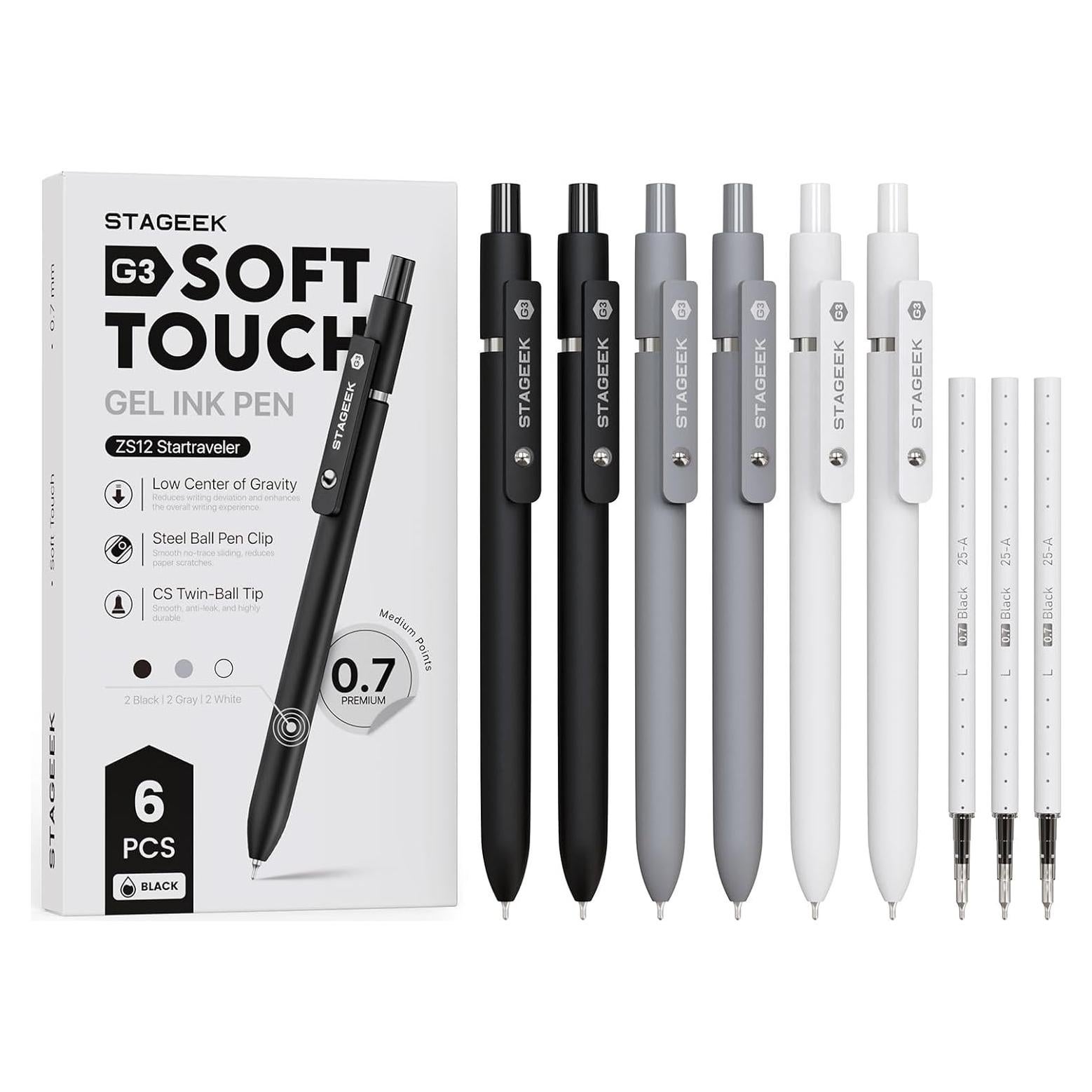 Bolígrafos de Gel STAGEEK 0.7mm Negros 6 Piezas con Recargas