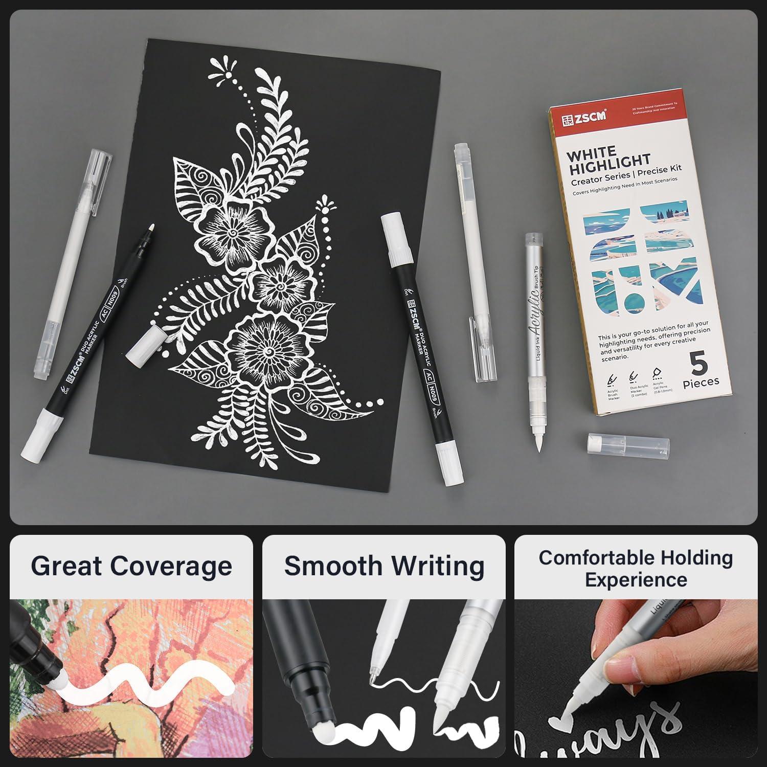 Set de 5 Bolígrafos de Tinta Acrílica Blanca ZSCM - Punta Fina