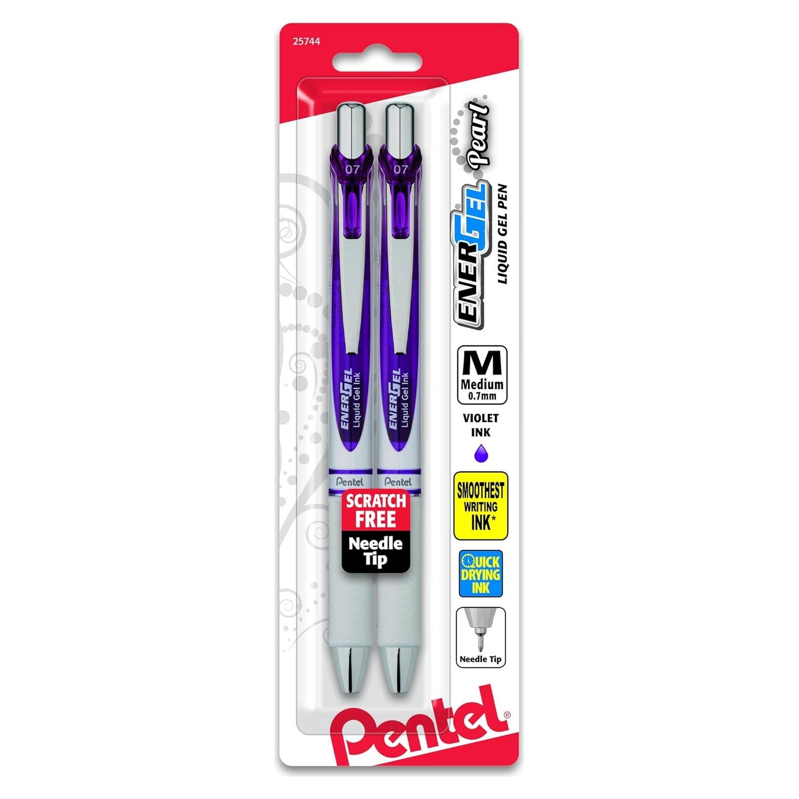 Pentel EnerGel Pearl RTX Retractable Gel Pen, 0.7mm Needle Tip, 2 Pack, Violet Ink (BLN77WBP2V)