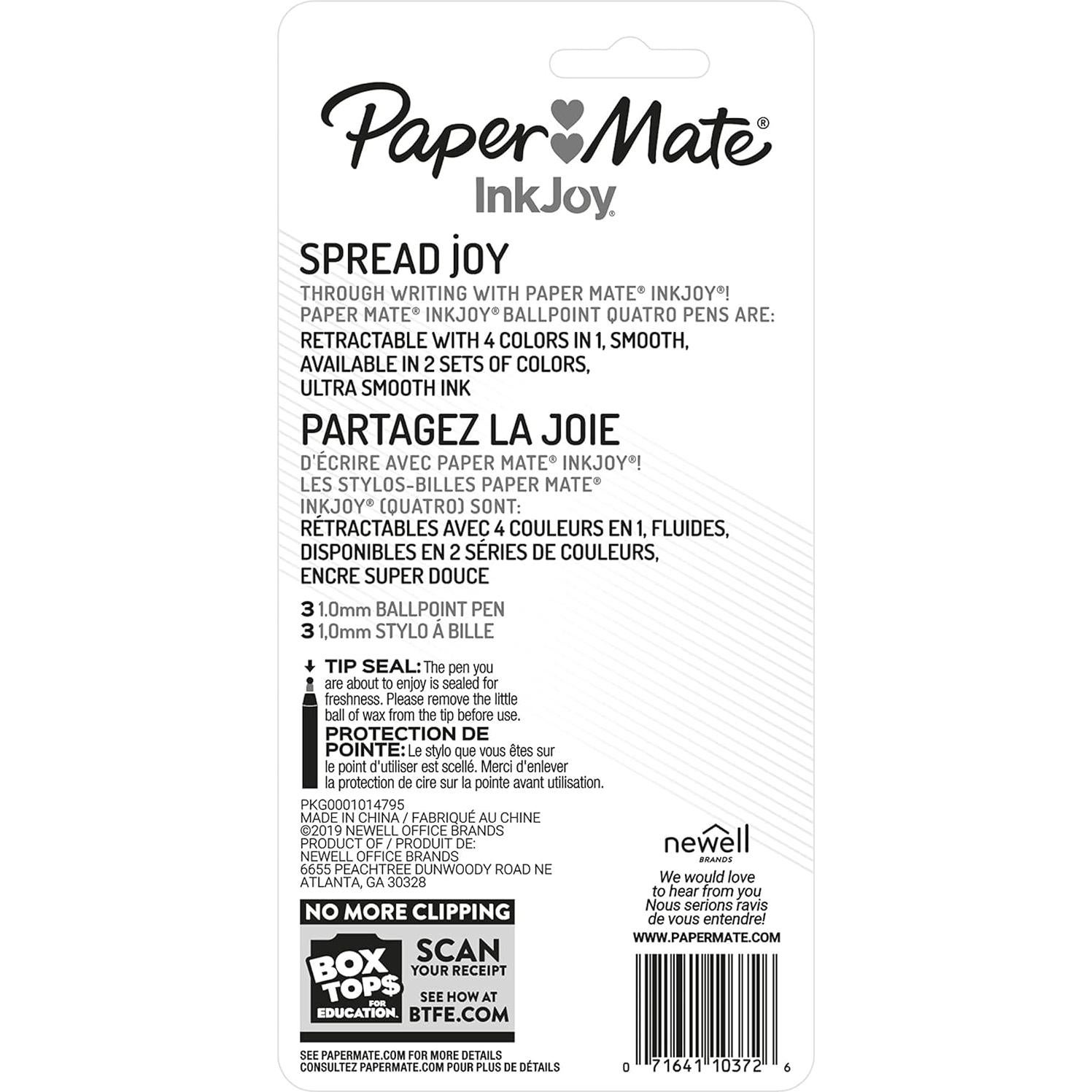 Bolígrafos retráctiles Paper Mate InkJoy Quatro, 3 unidades, punta media